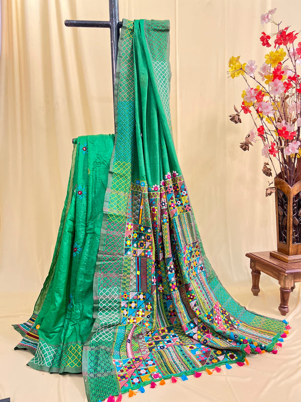 Tusser Silk Lambani Saree | Bottle Green Handcrafted Embroidered Saree