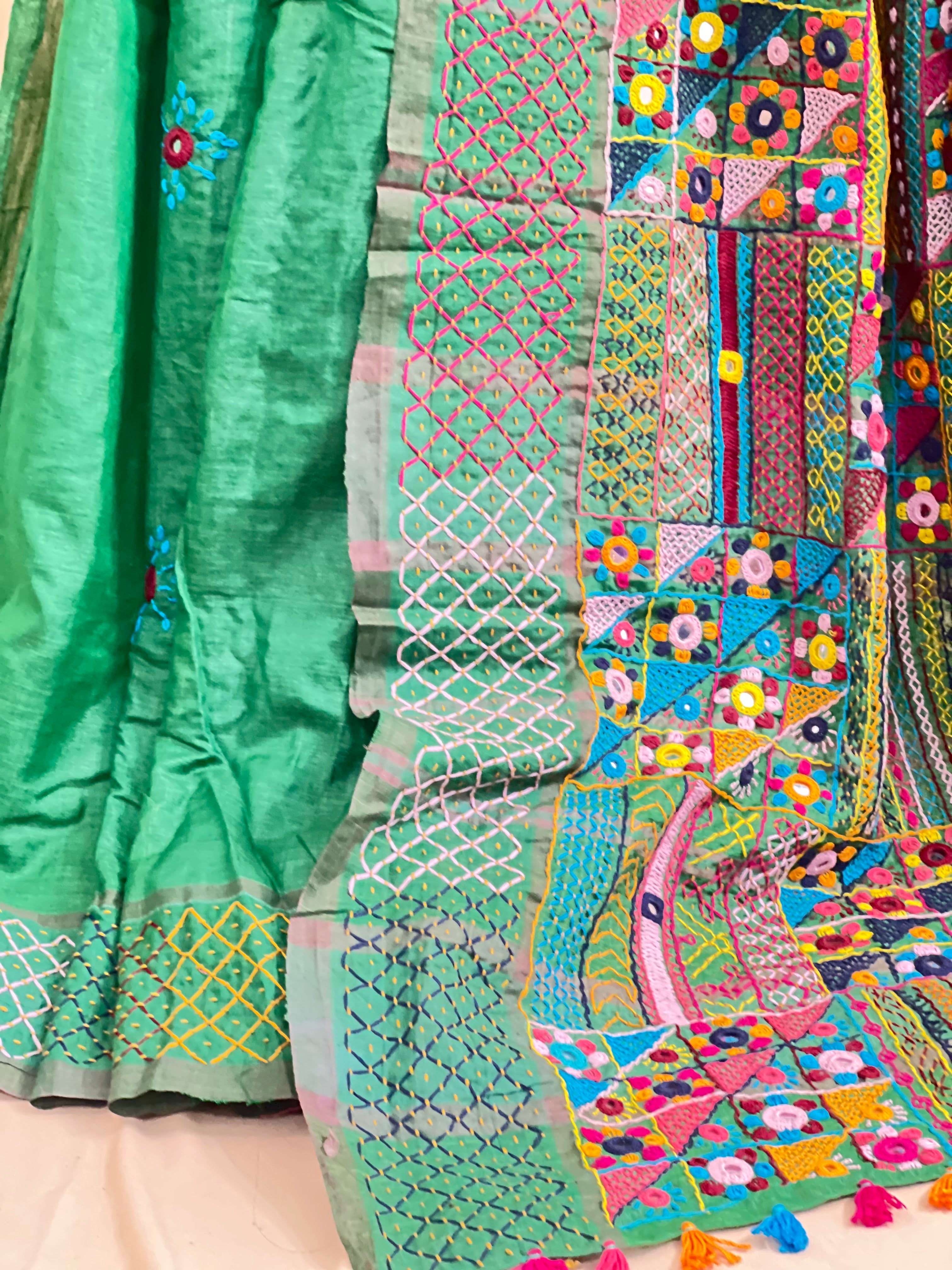 Tusser Silk Lambani Saree | Bottle Green Handcrafted Embroidered Saree