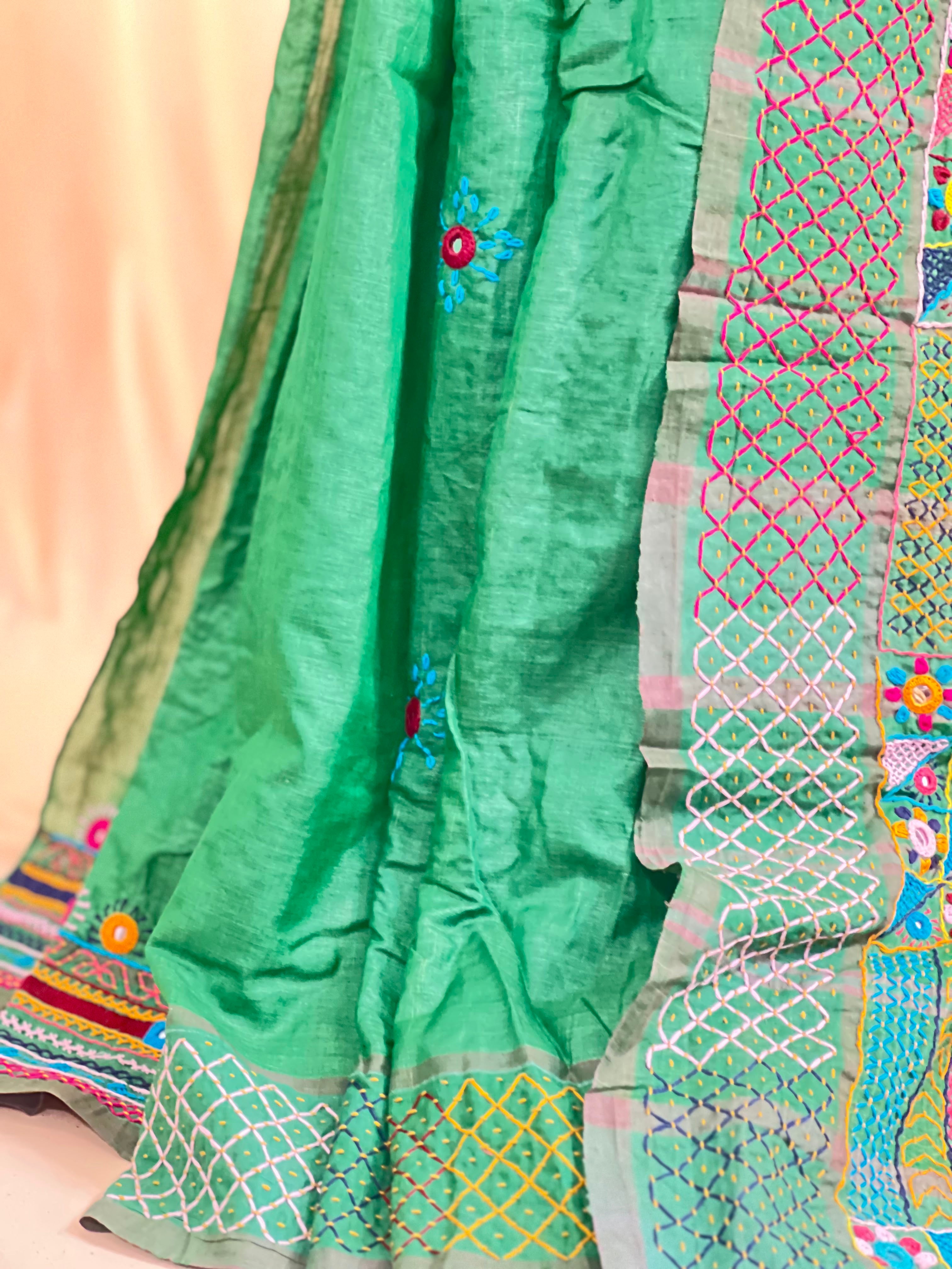 Tusser Silk Lambani Saree | Bottle Green Handcrafted Embroidered Saree
