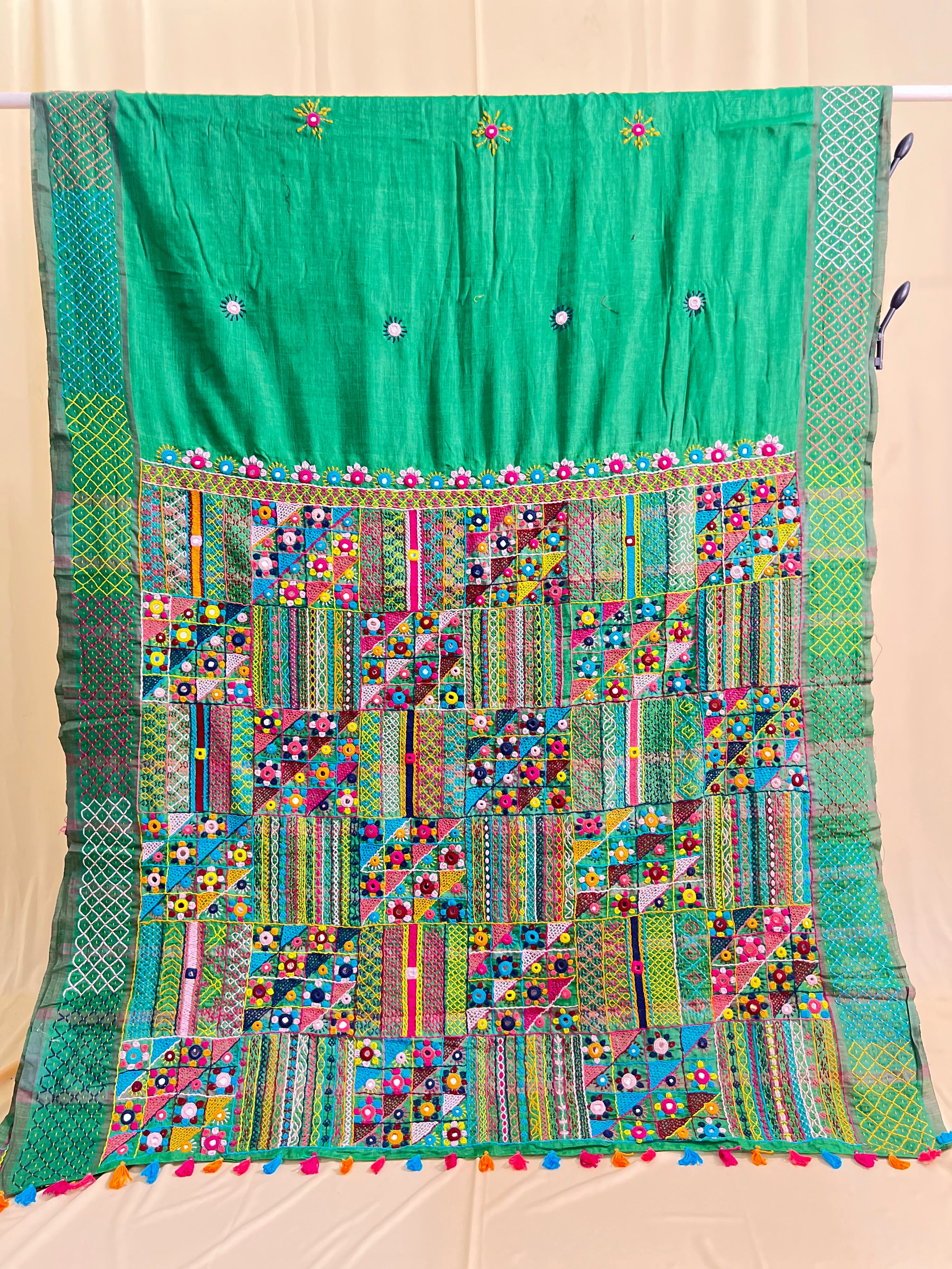 Tusser Silk Lambani Saree | Bottle Green Handcrafted Embroidered Saree