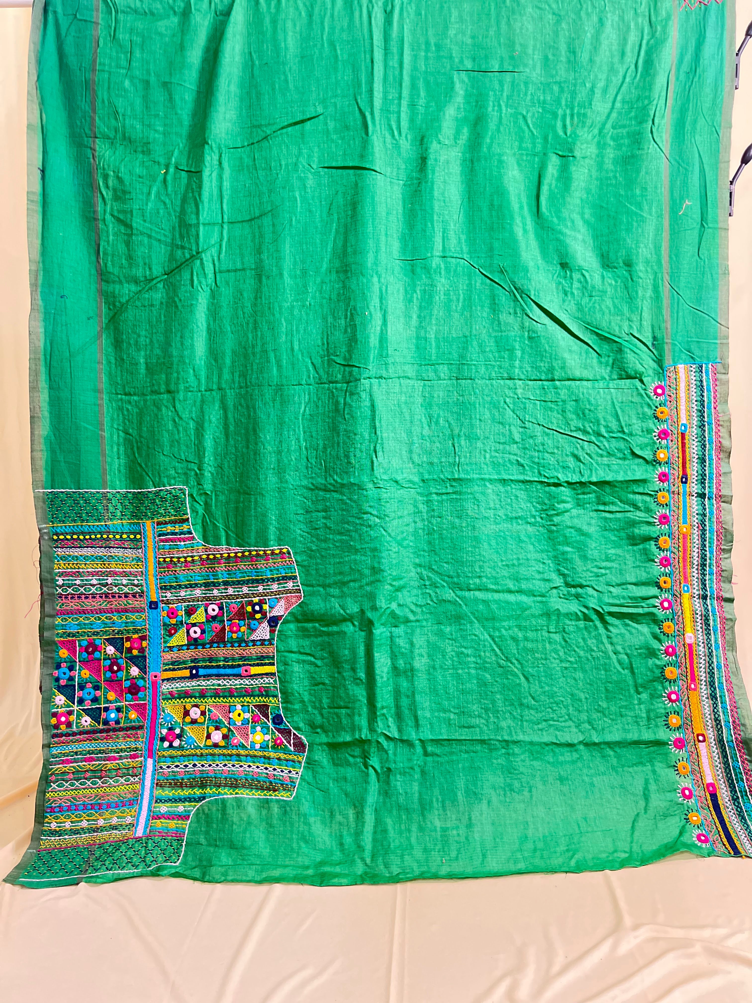Tusser Silk Lambani Saree | Bottle Green Handcrafted Embroidered Saree