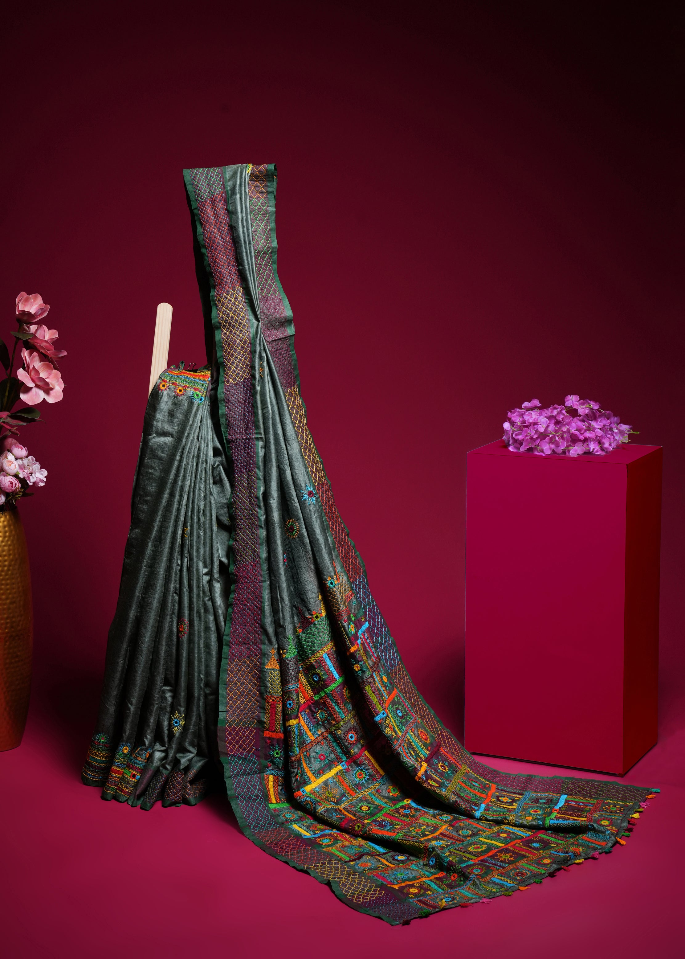 Tusser Silk Lambani Saree | Charcoal Grey Handcrafted Embroidered Saree