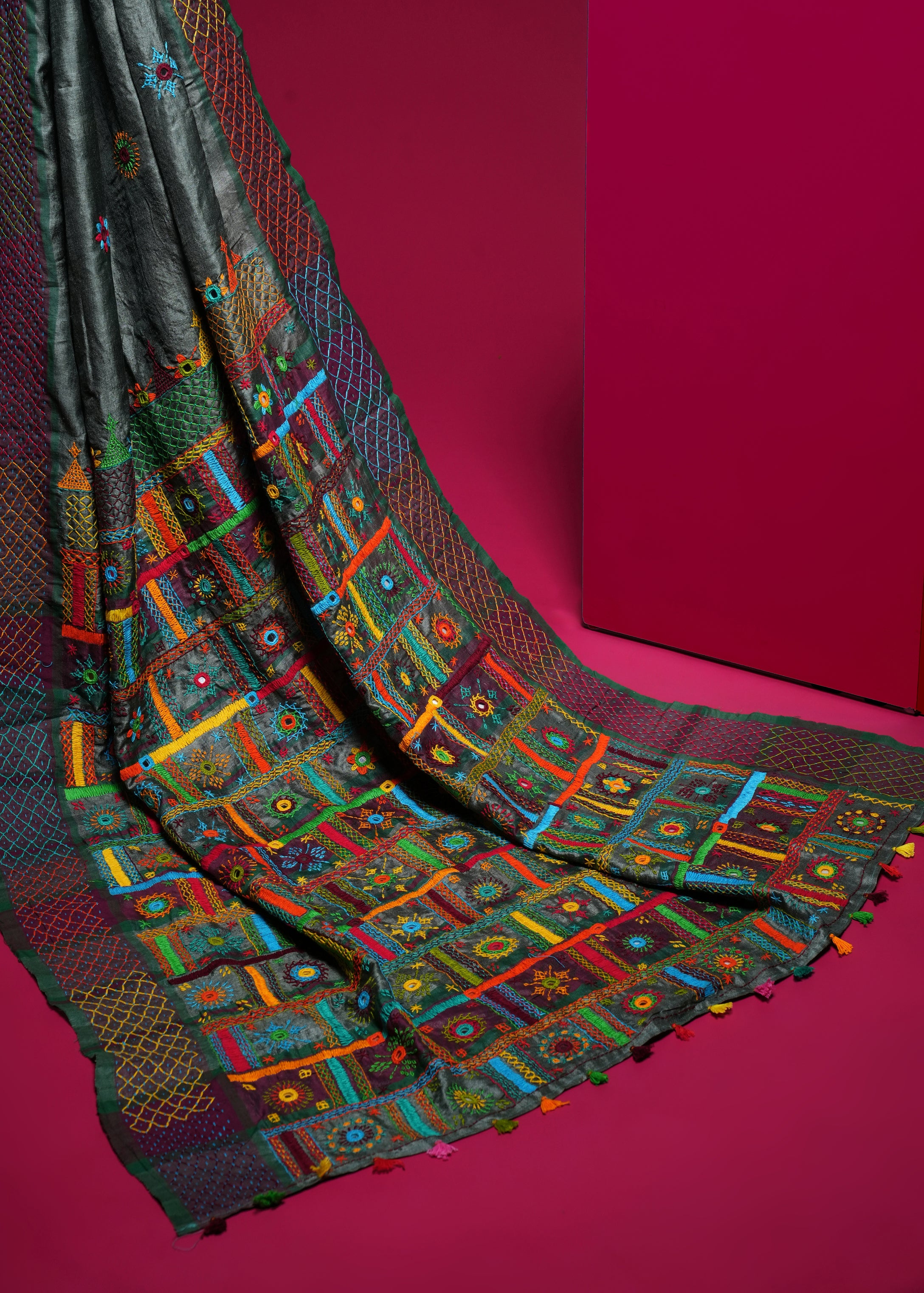 Tusser Silk Lambani Saree | Charcoal Grey Handcrafted Embroidered Saree
