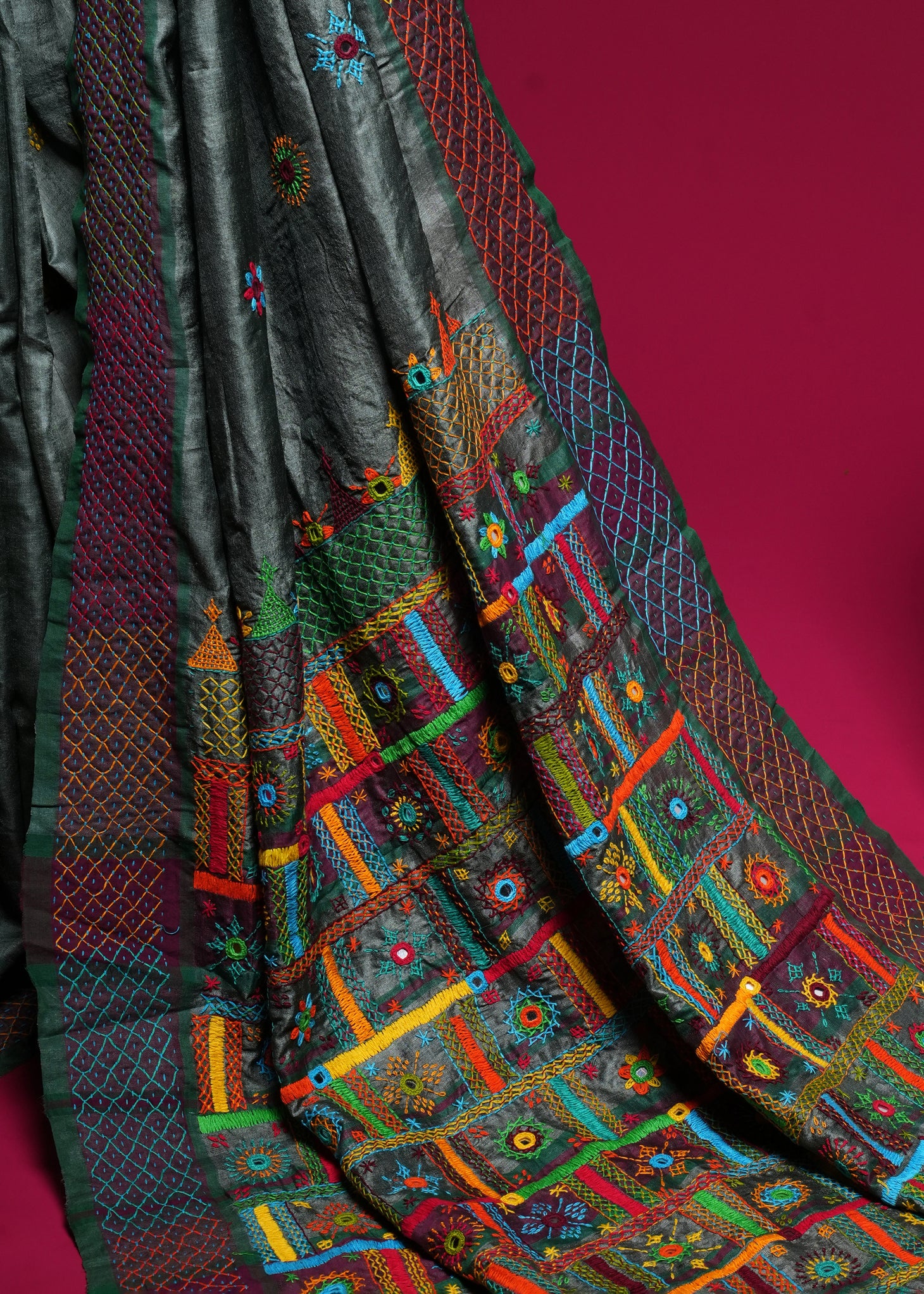 Tusser Silk Lambani Saree | Charcoal Grey Handcrafted Embroidered Saree