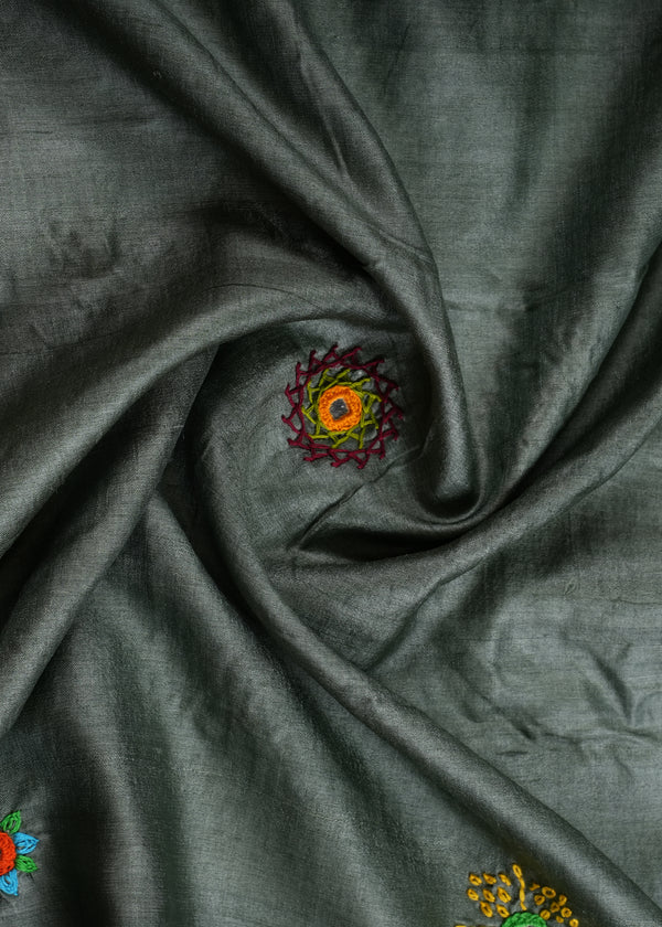 Tusser Silk Lambani Saree | Charcoal Grey Handcrafted Embroidered Saree