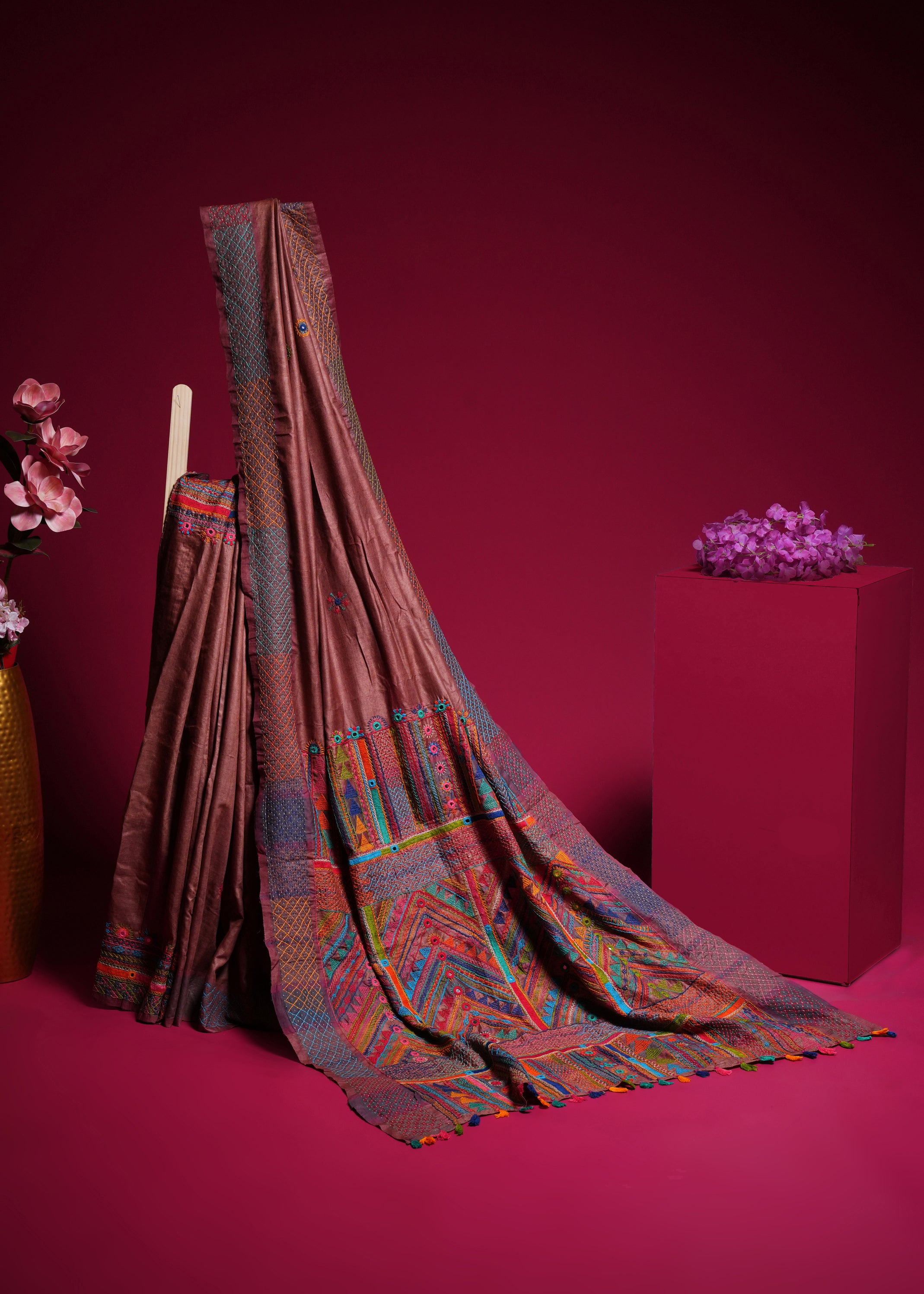 Tusser Silk Lambani Saree | Coffee Brown Shisha Embroidery Handcrafted Saree