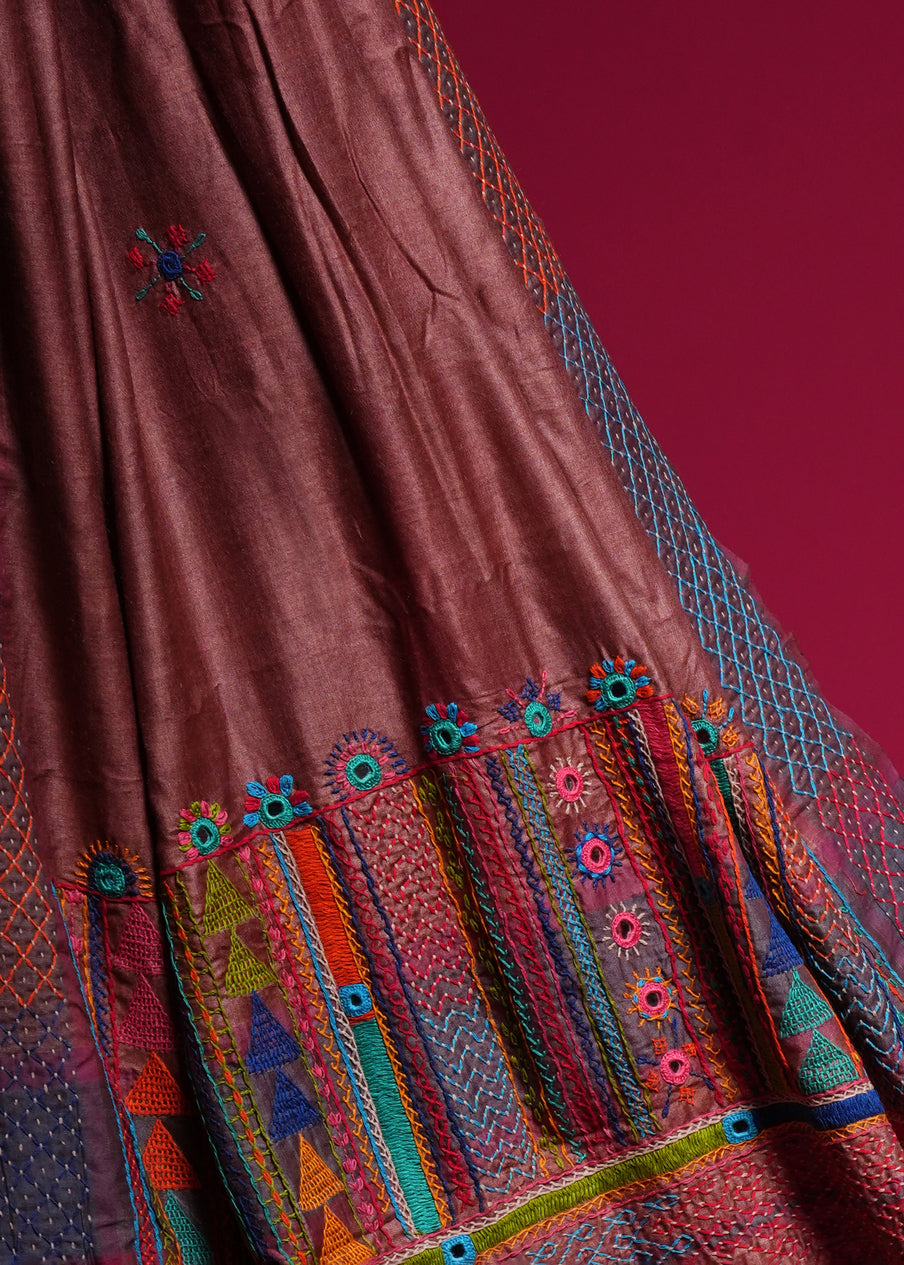 Tusser Silk Lambani Saree | Coffee Brown Shisha Embroidery Handcrafted Saree