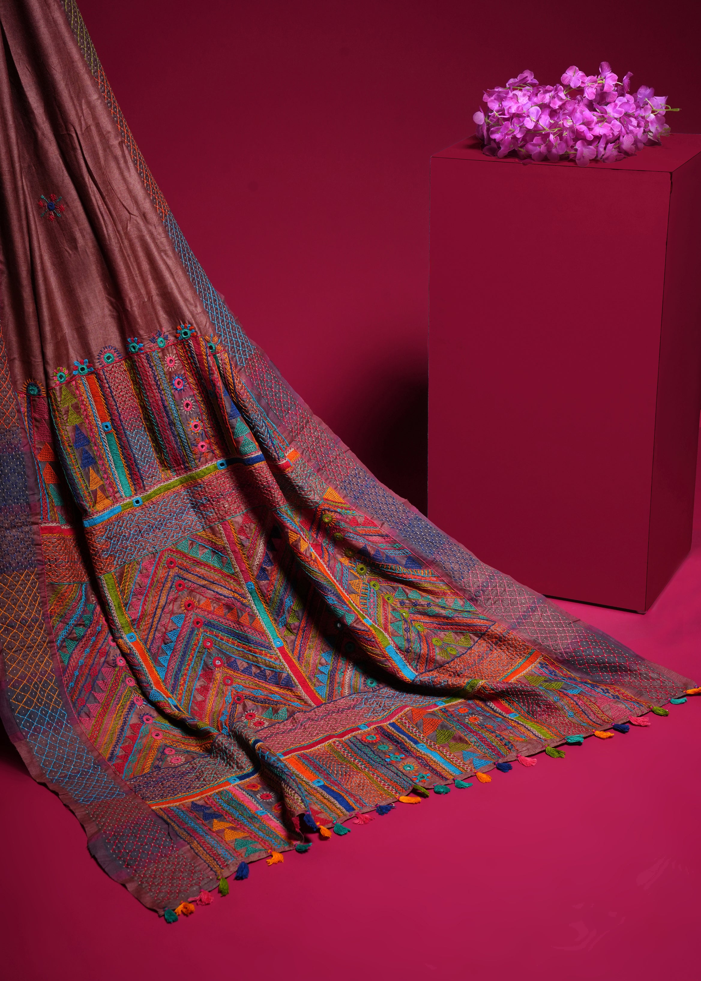 Tusser Silk Lambani Saree | Coffee Brown Shisha Embroidery Handcrafted Saree
