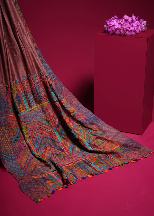 Tusser Silk Lambani Saree | Coffee Brown Shisha Embroidery Handcrafted Saree