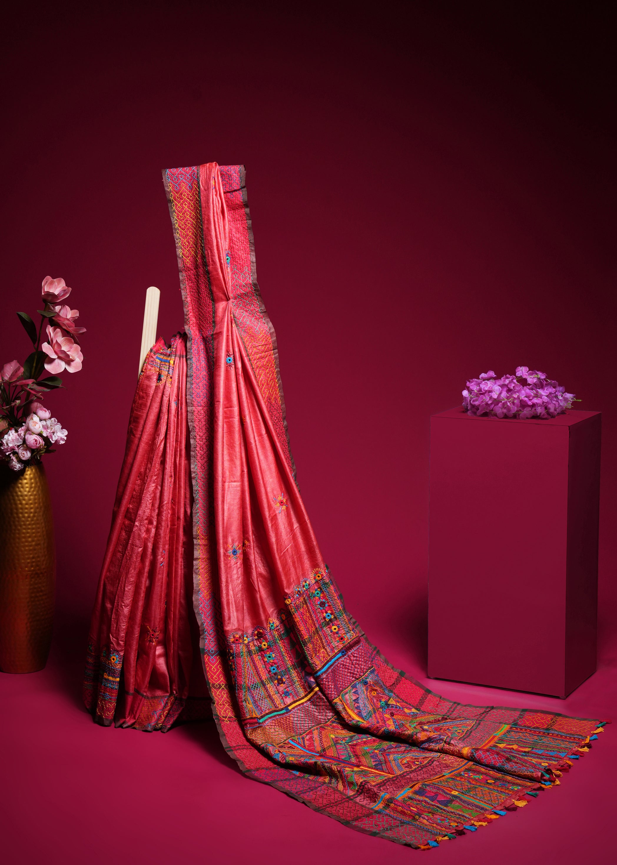 Tusser Silk Lambani Saree | Coral Red Handcrafted Embroidered Saree