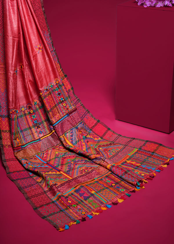 Tusser Silk Lambani Saree | Coral Red Handcrafted Embroidered Saree