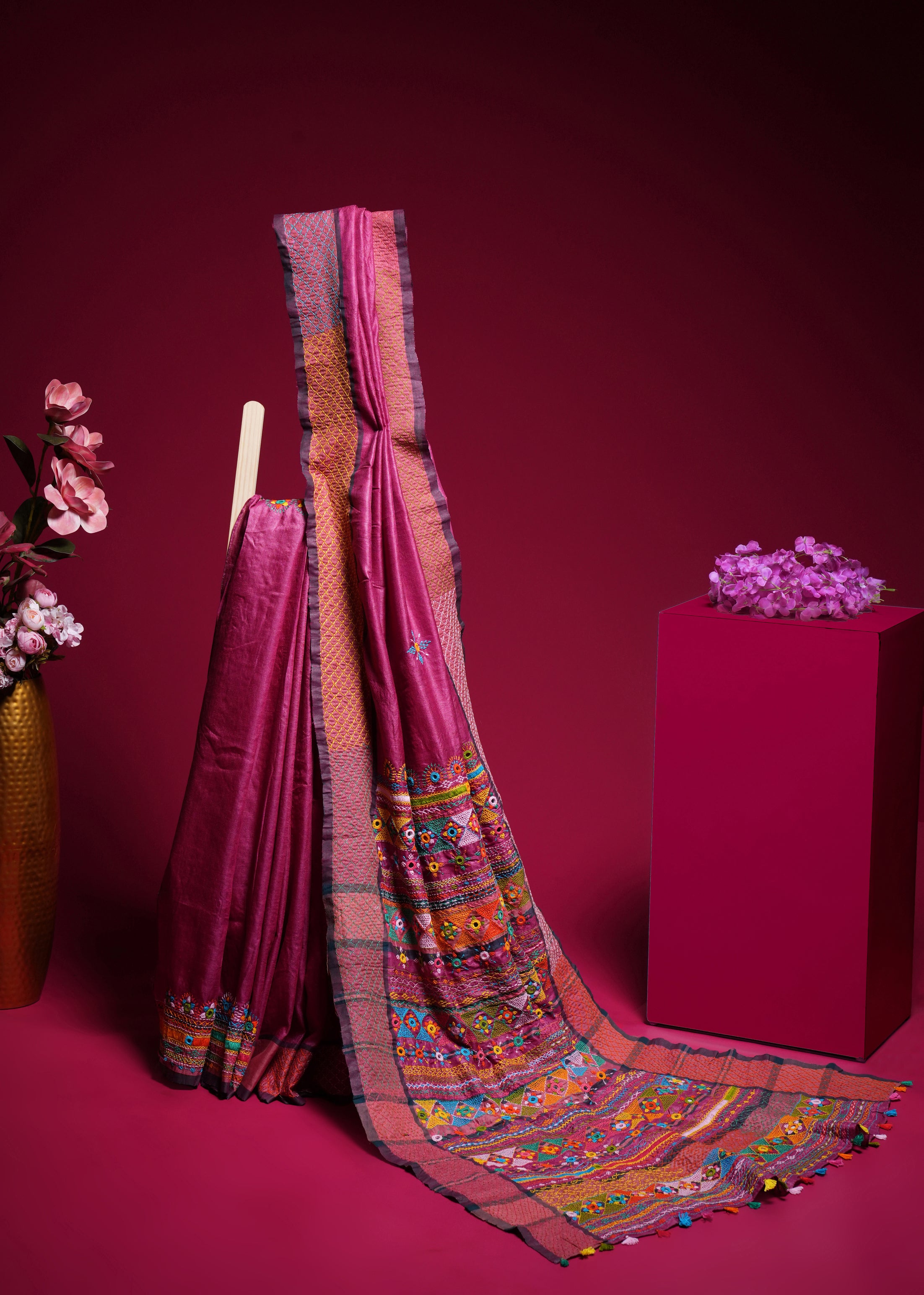 Tusser Silk Lambani Saree | Deep Magenta Handcrafted Embroidered Saree