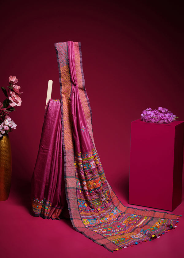 Tusser Silk Lambani Saree | Deep Magenta Handcrafted Embroidered Saree