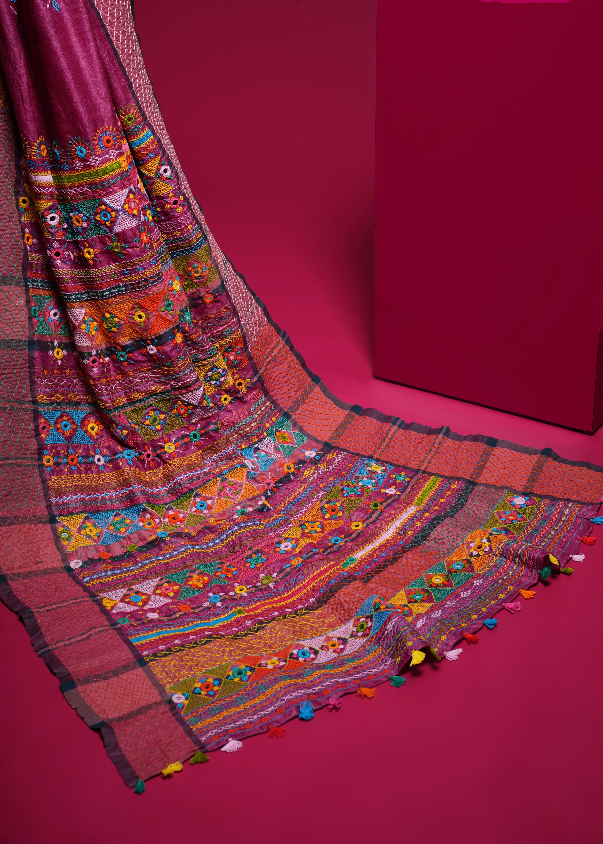 Tusser Silk Lambani Saree | Deep Magenta Handcrafted Embroidered Saree