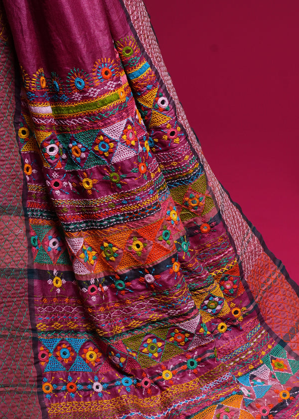 Tusser Silk Lambani Saree | Deep Magenta Handcrafted Embroidered Saree