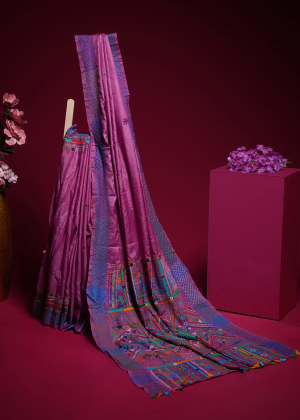 Tusser Silk Lambani Saree | Dusty Pink Handcrafted Embroidered Saree
