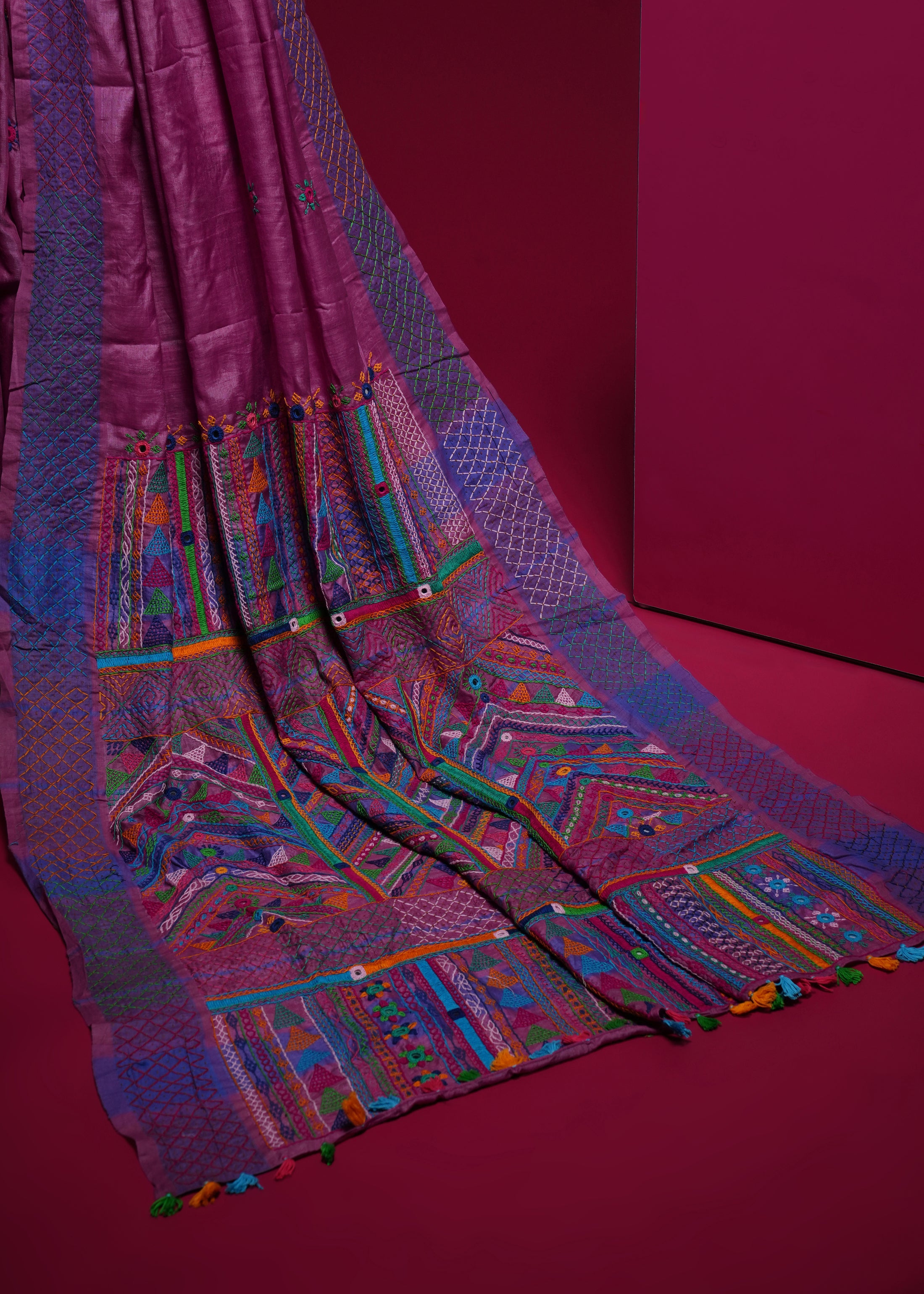 Tusser Silk Lambani Saree | Dusty Pink Handcrafted Embroidered Saree