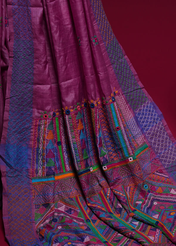 Tusser Silk Lambani Saree | Dusty Pink Handcrafted Embroidered Saree