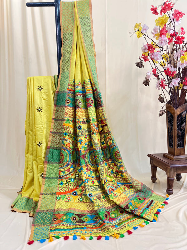 Tusser Silk Lambani Saree | Lemon Yellow Handcrafted Embroidered Saree
