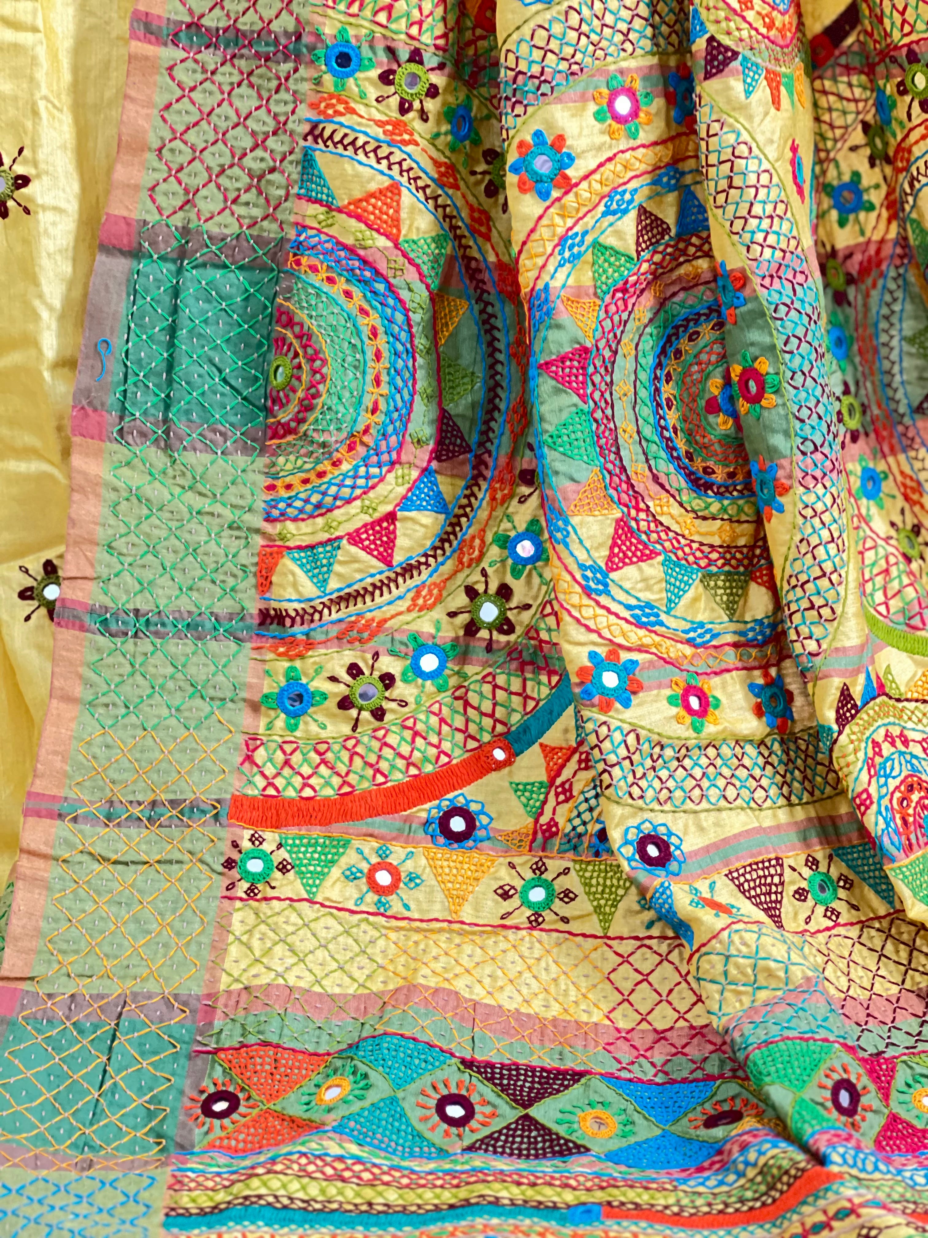 Tusser Silk Lambani Saree | Lemon Yellow Handcrafted Embroidered Saree