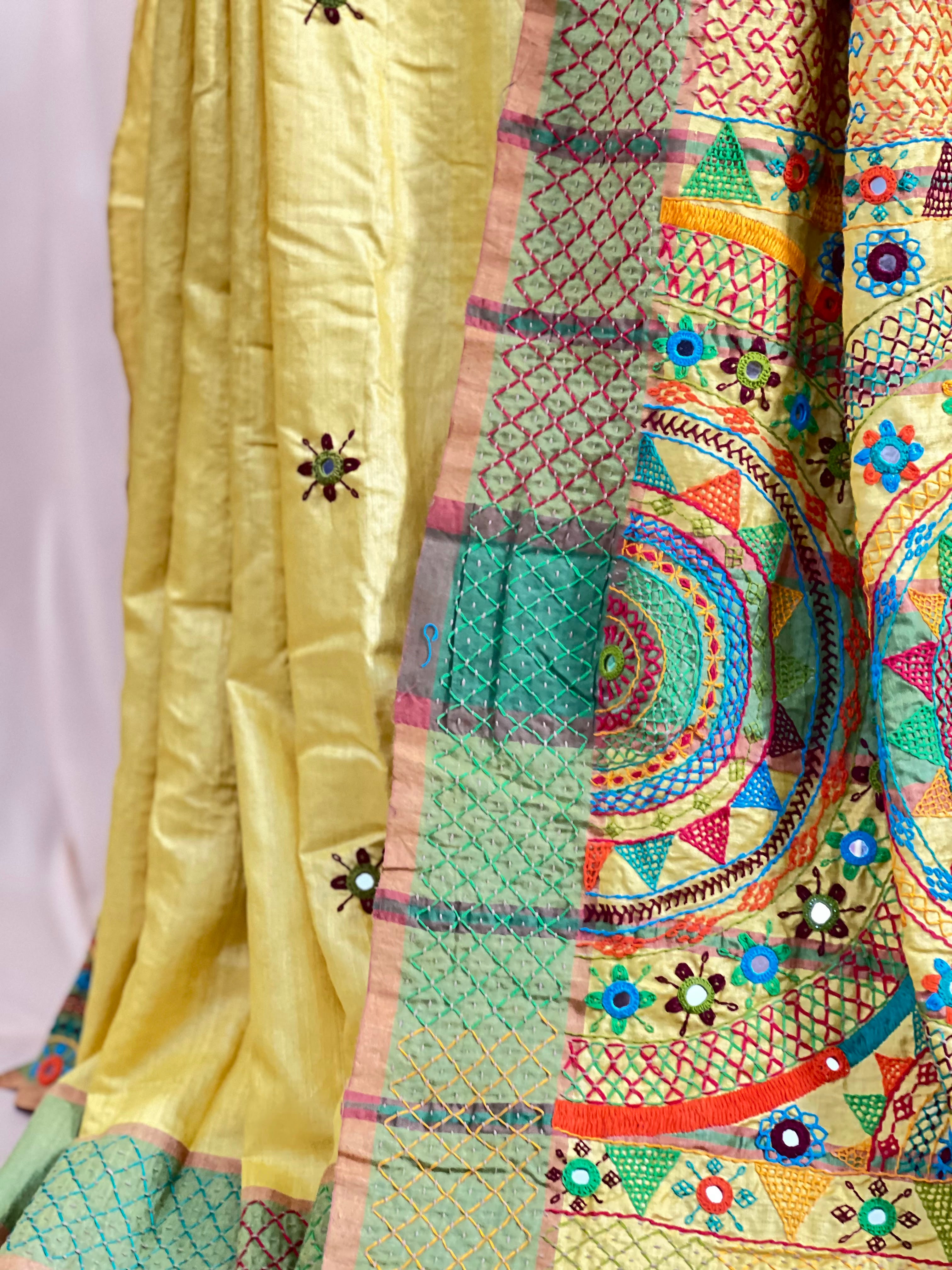 Tusser Silk Lambani Saree | Lemon Yellow Handcrafted Embroidered Saree