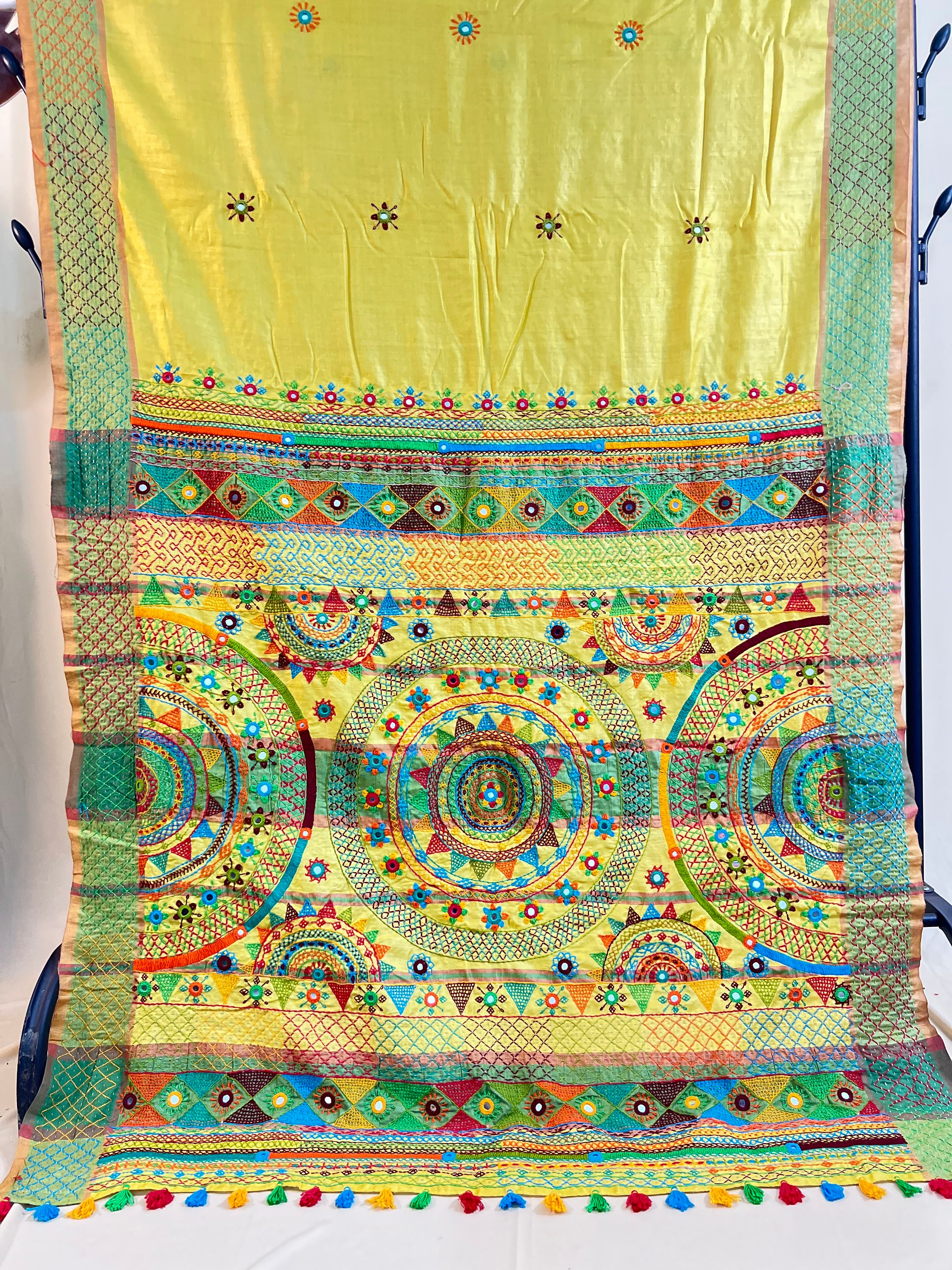 Tusser Silk Lambani Saree | Lemon Yellow Handcrafted Embroidered Saree