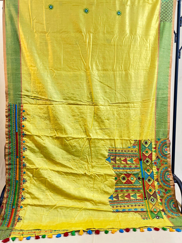 Tusser Silk Lambani Saree | Lemon Yellow Handcrafted Embroidered Saree