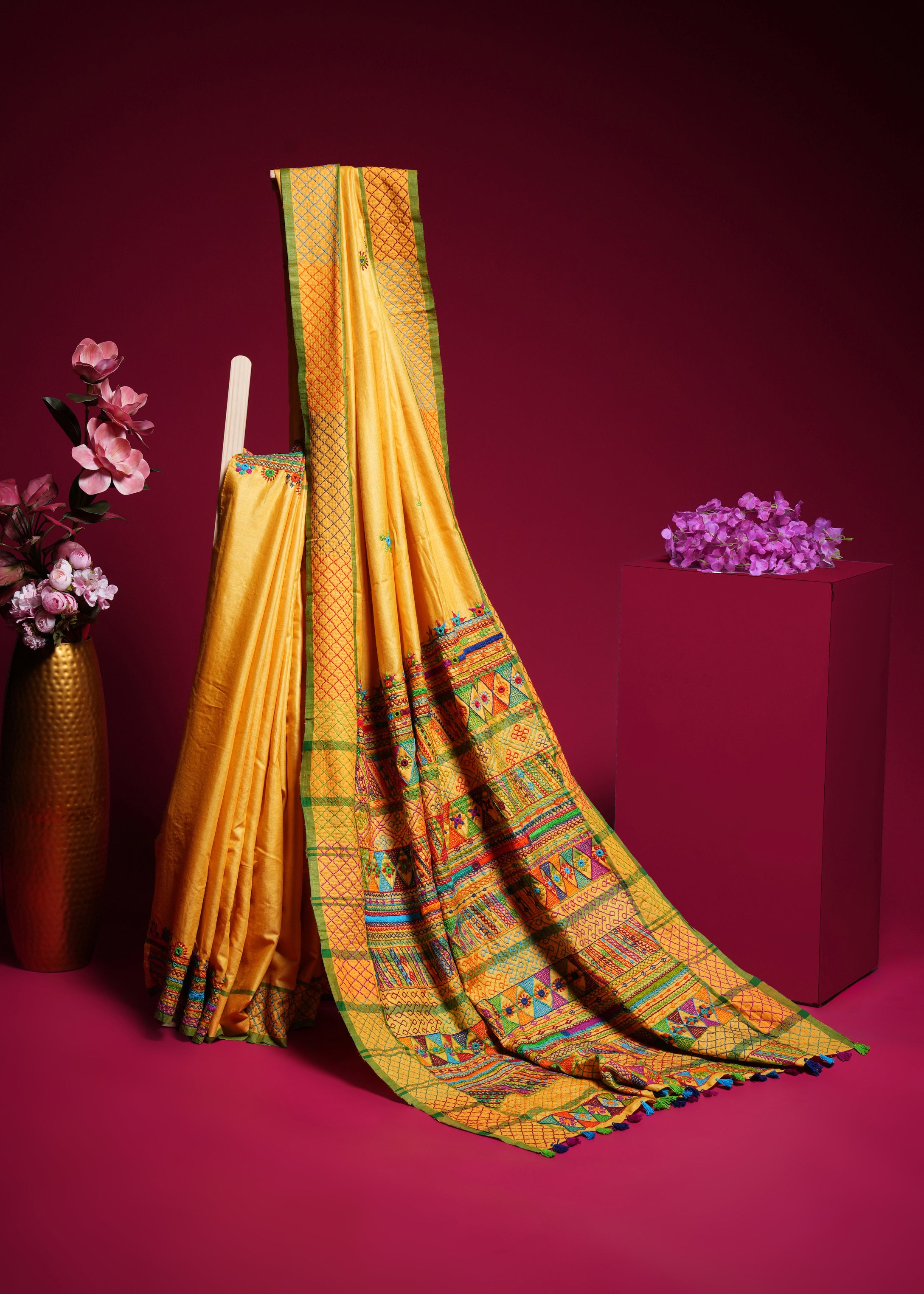Tusser Silk Lambani Saree | Mustard Yellow Hand Embroidered Shisha Work Saree