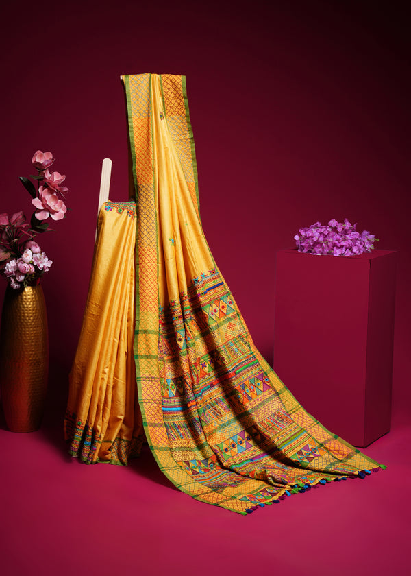 Tusser Silk Lambani Saree | Mustard Yellow Hand Embroidered Shisha Work Saree