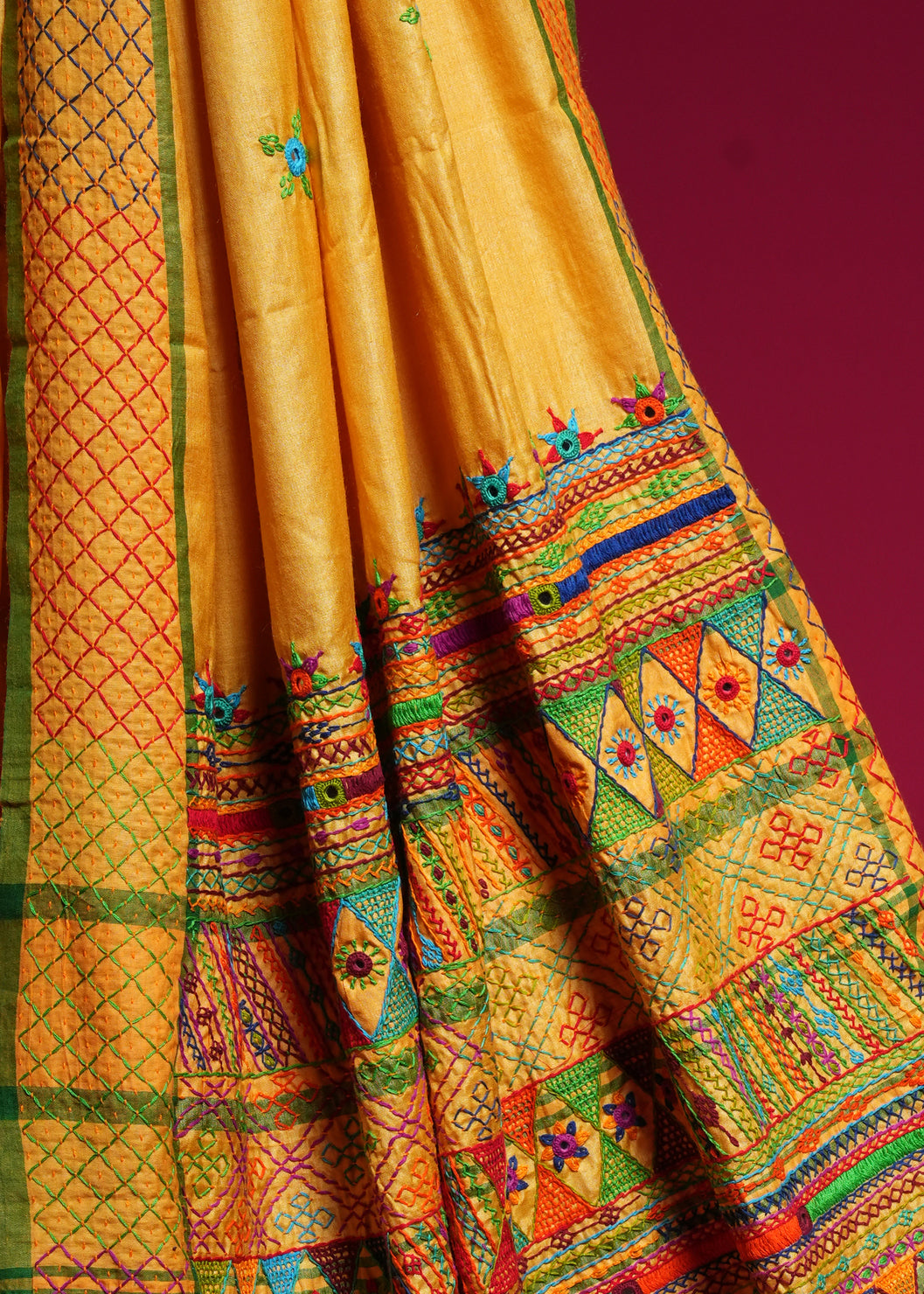 Tusser Silk Lambani Saree | Mustard Yellow Hand Embroidered Shisha Work Saree