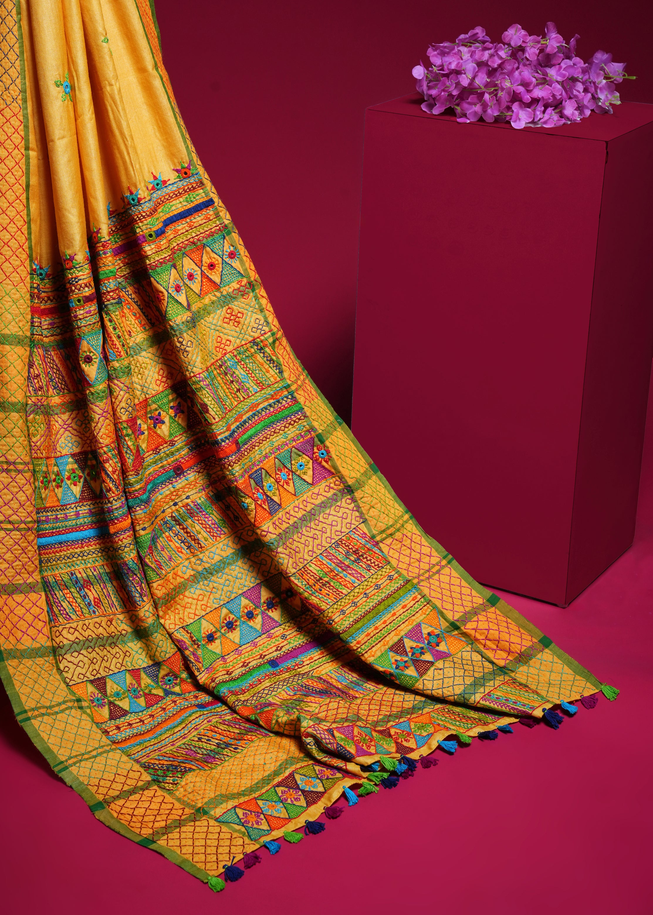 Tusser Silk Lambani Saree | Mustard Yellow Hand Embroidered Shisha Work Saree