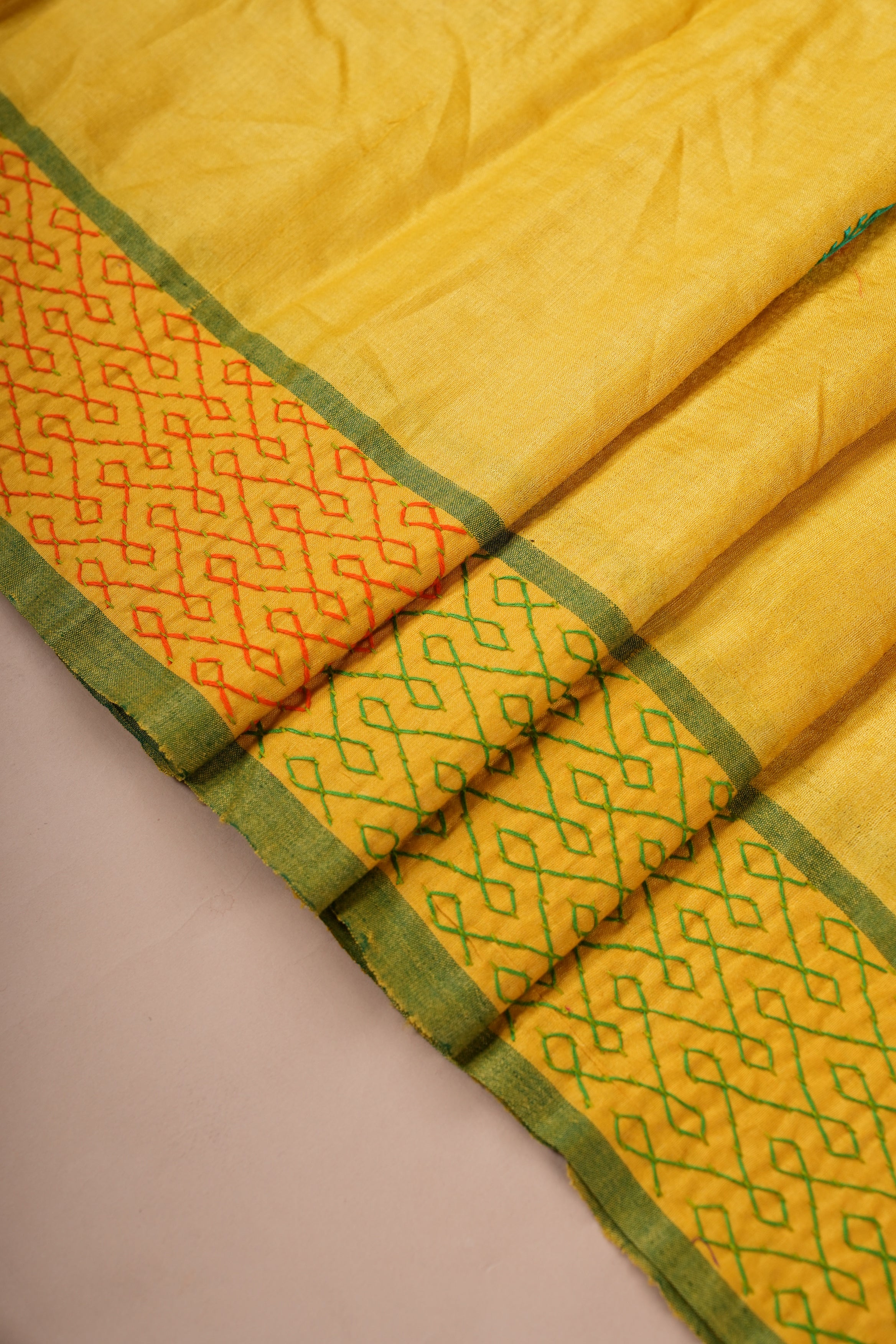 Tusser Silk Lambani Saree | Mustard Yellow Hand Embroidered Shisha Work Saree