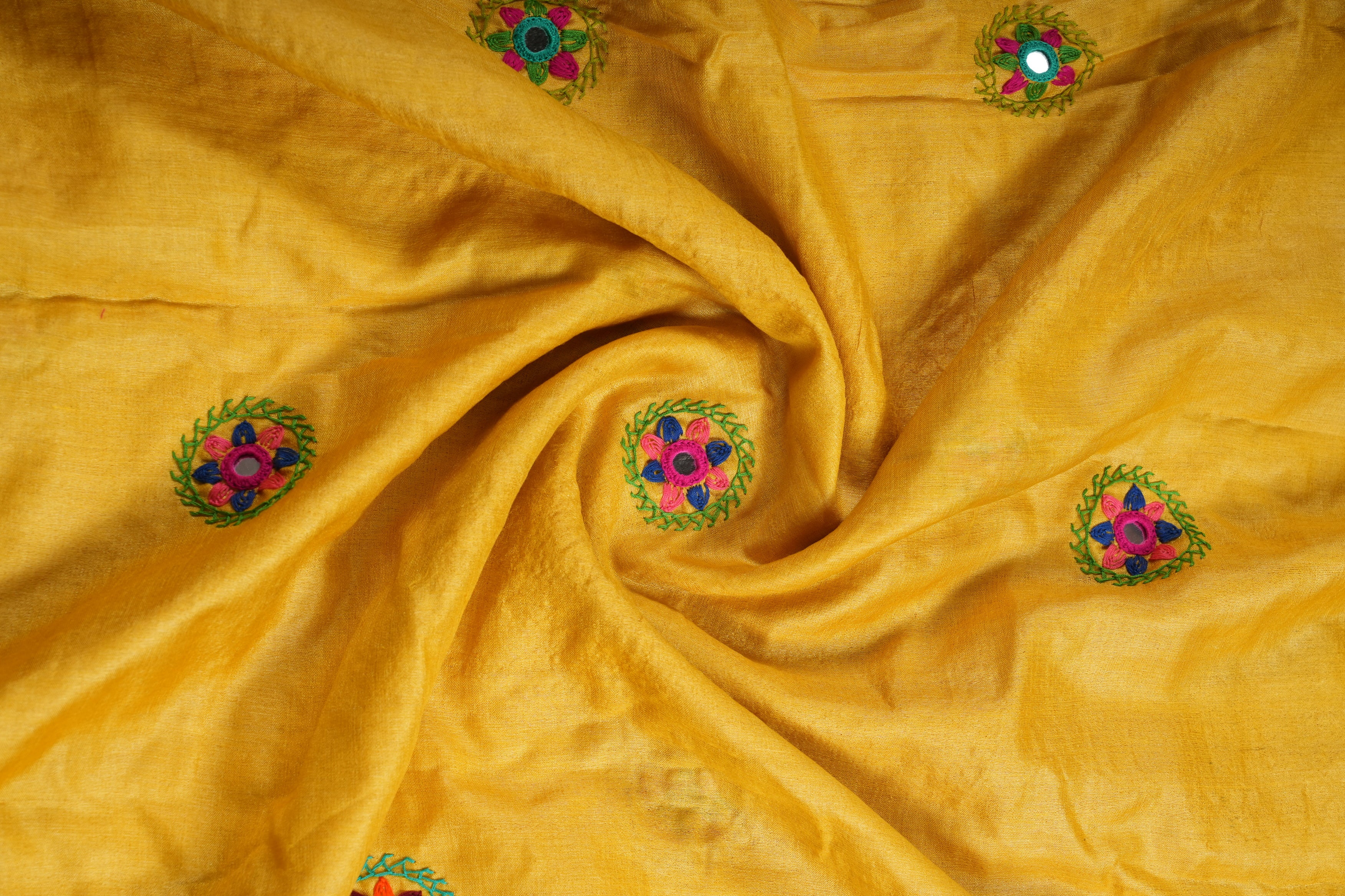 Tusser Silk Lambani Saree | Mustard Yellow Hand Embroidered Shisha Work Saree