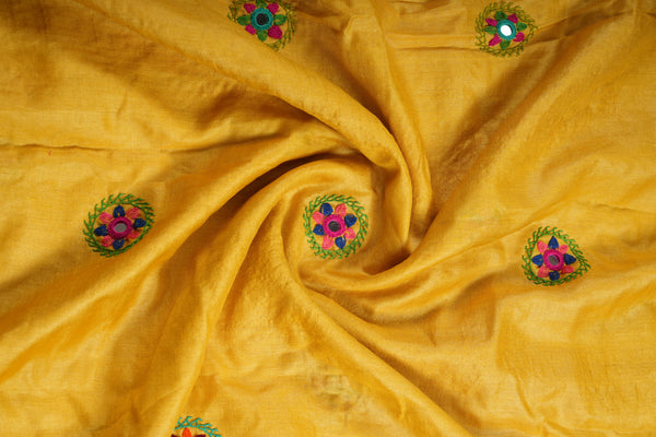 Tusser Silk Lambani Saree | Mustard Yellow Hand Embroidered Shisha Work Saree