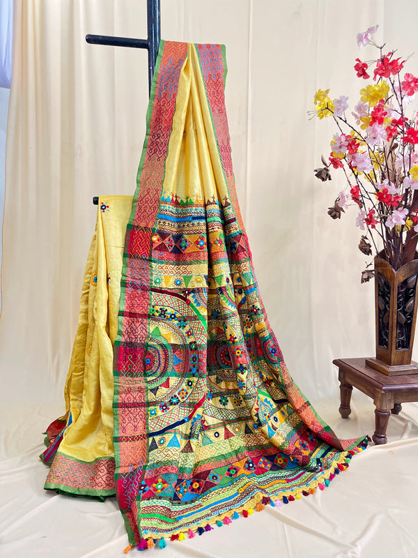 Tusser Silk Lambani Saree | Mustard Yellow & Multicolor Handcrafted Embroidered Saree