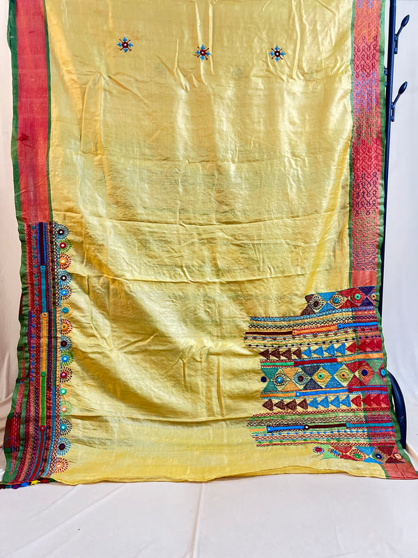 Tusser Silk Lambani Saree | Mustard Yellow & Multicolor Handcrafted Embroidered Saree