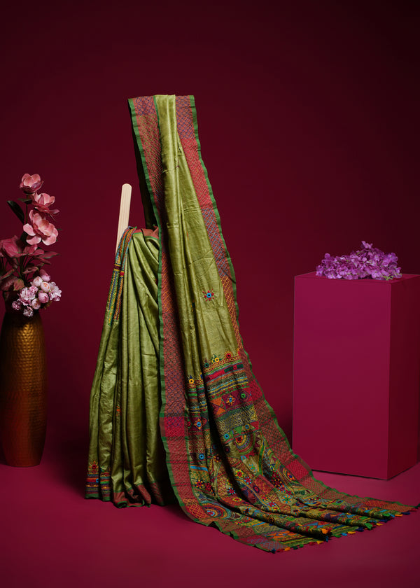 Tusser Silk Lambani Saree | Olive Green Handcrafted Embroidered Saree