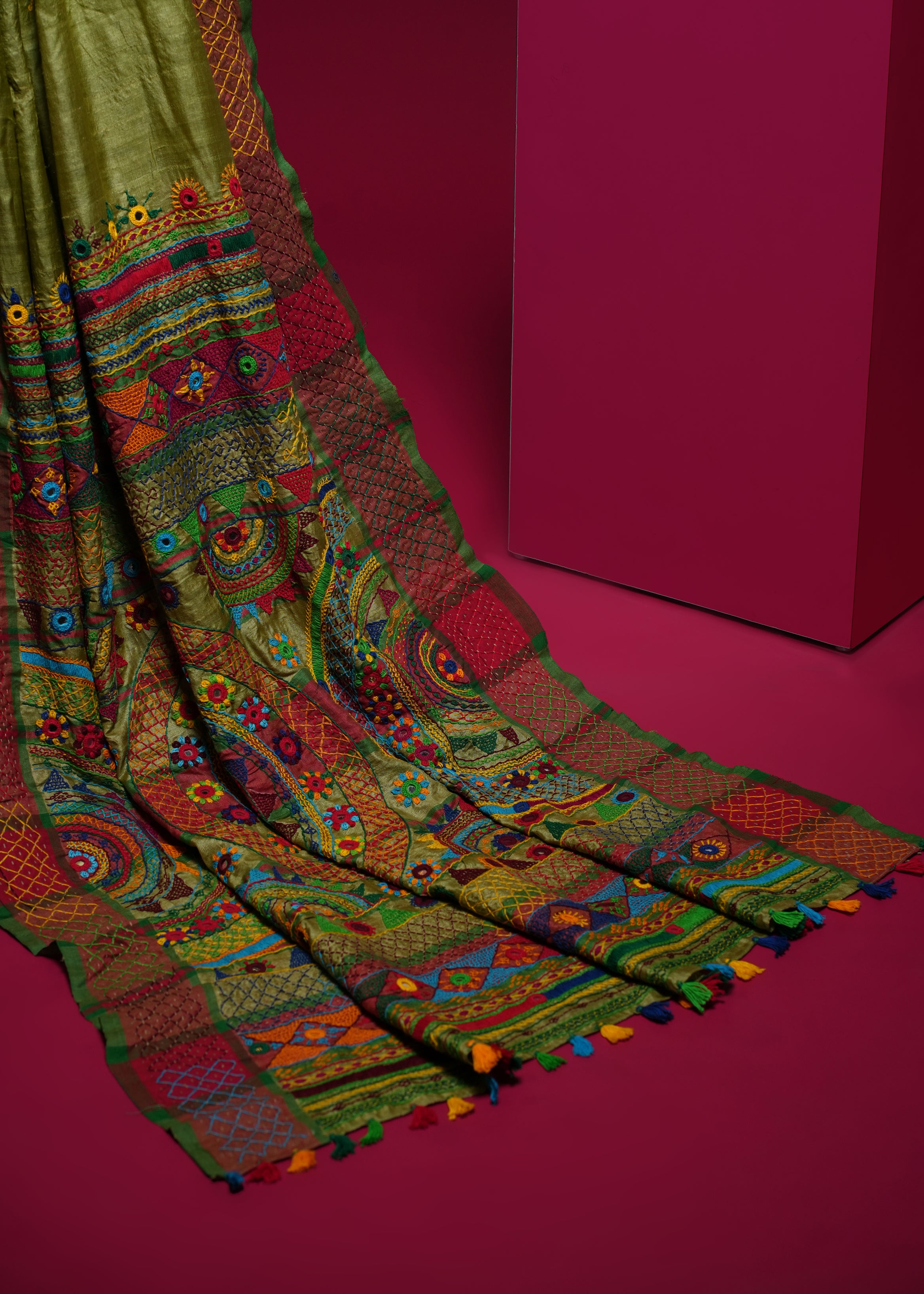 Tusser Silk Lambani Saree | Olive Green Handcrafted Embroidered Saree