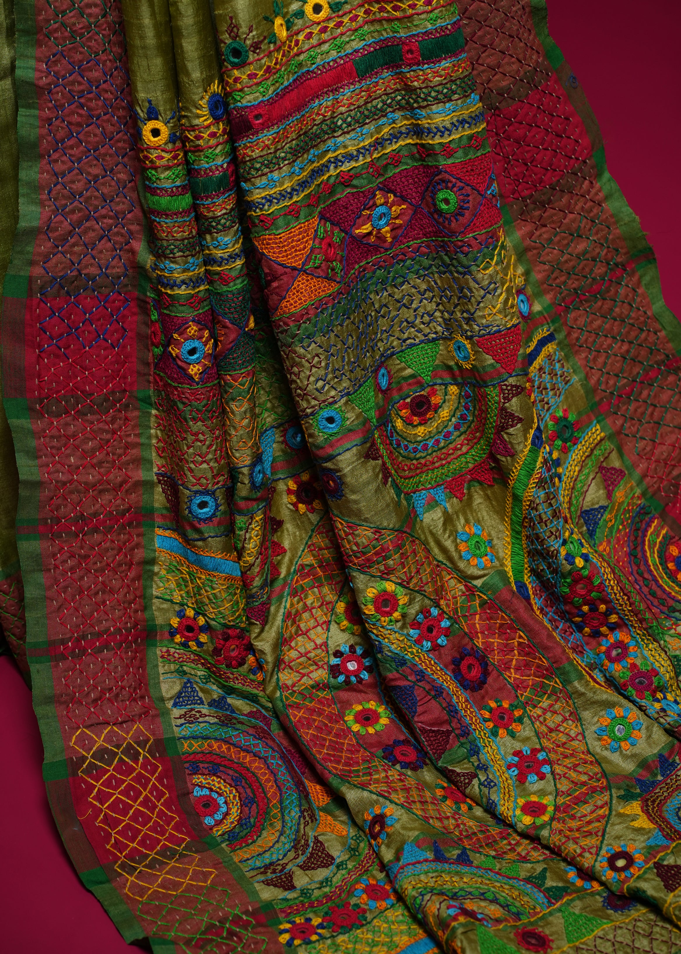 Tusser Silk Lambani Saree | Olive Green Handcrafted Embroidered Saree