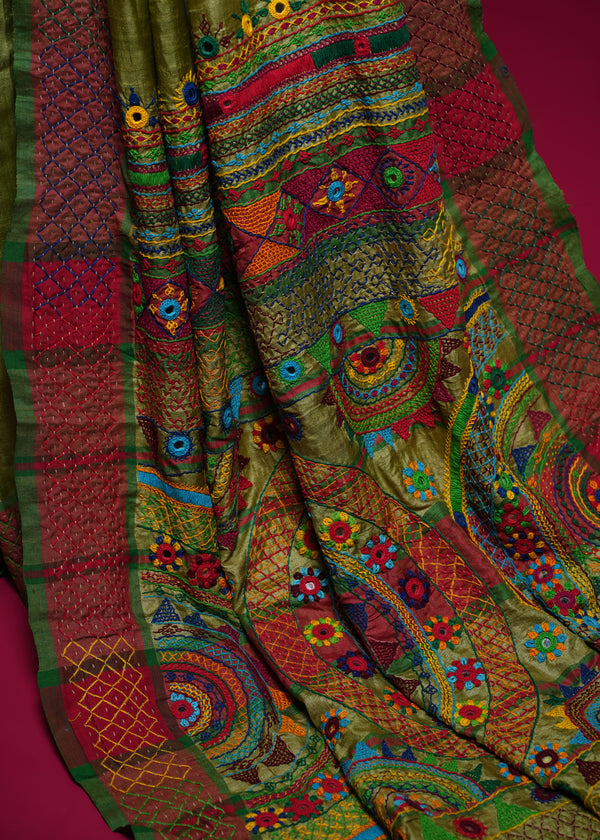 Tusser Silk Lambani Saree | Olive Green Handcrafted Embroidered Saree