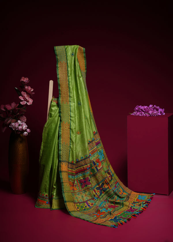 Tusser Silk Lambani Saree | Parrot Green Handcrafted Embroidered Saree