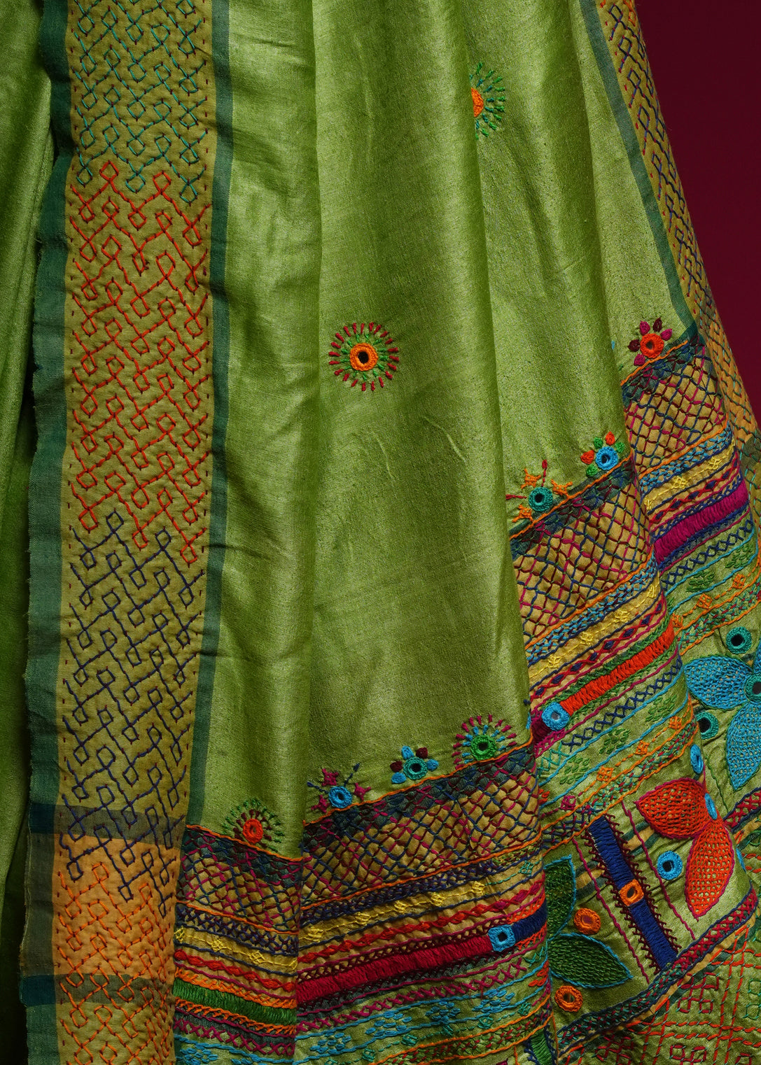 Tusser Silk Lambani Saree | Parrot Green Handcrafted Embroidered Saree