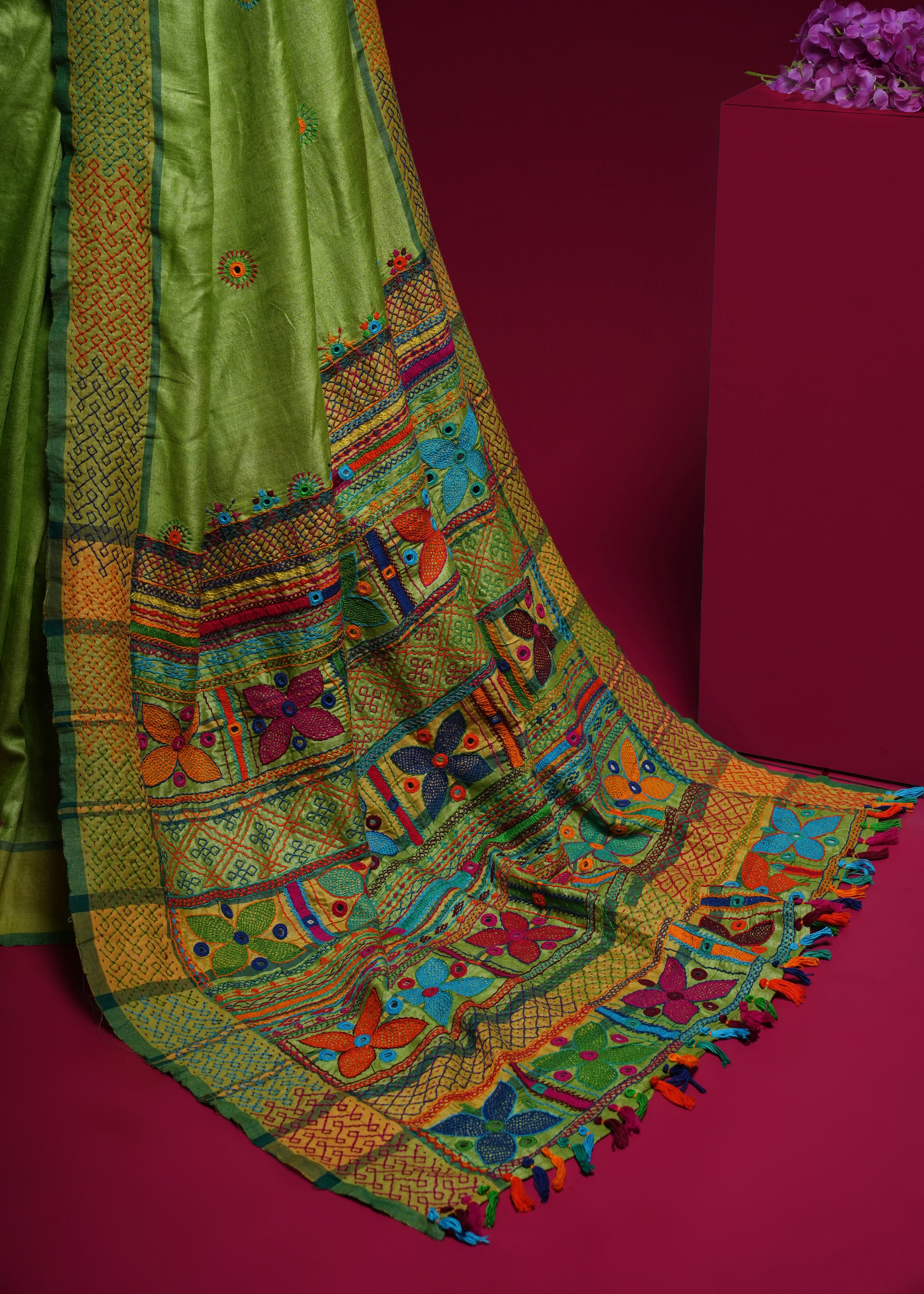 Tusser Silk Lambani Saree | Parrot Green Handcrafted Embroidered Saree
