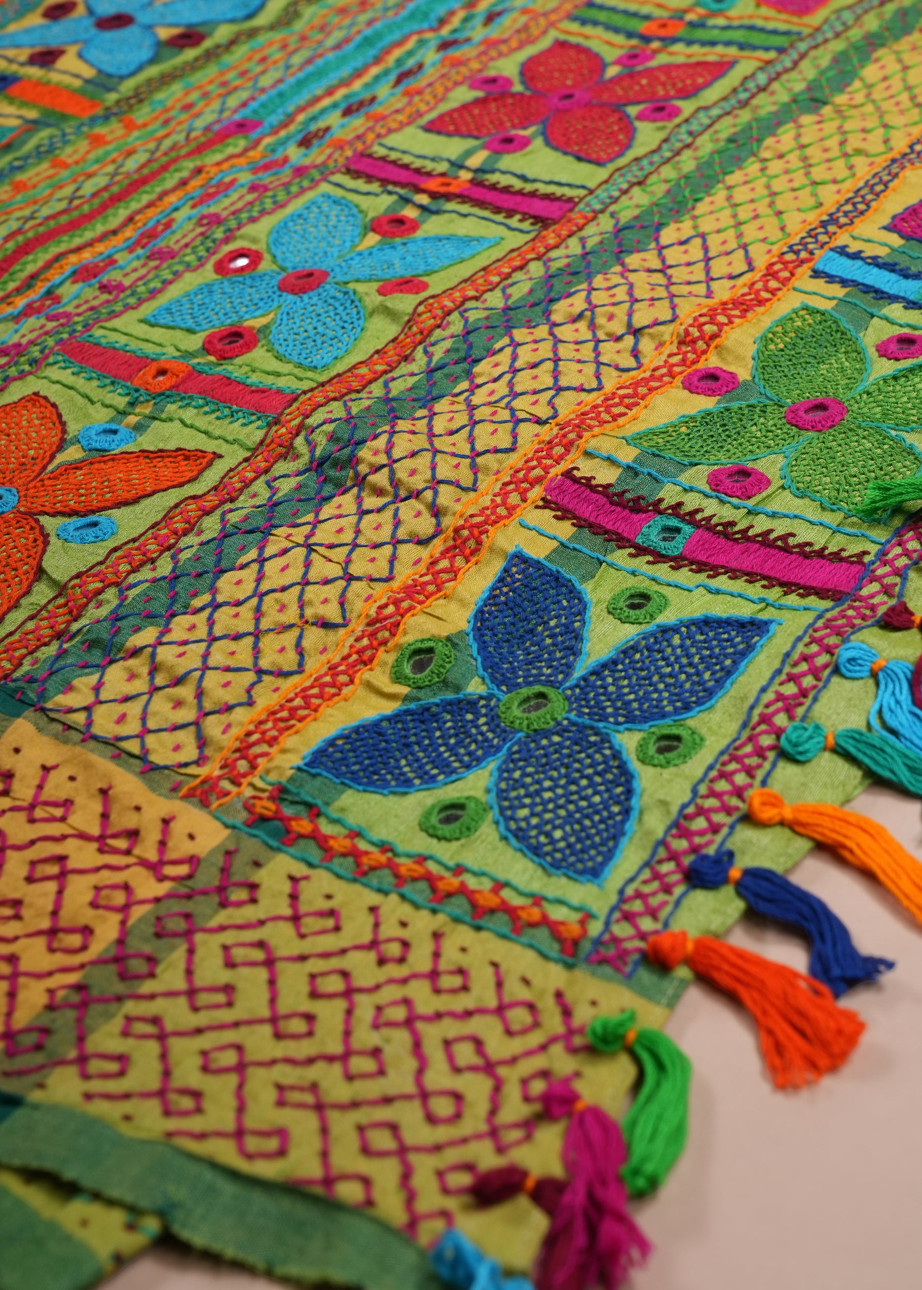 Tusser Silk Lambani Saree | Parrot Green Handcrafted Embroidered Saree