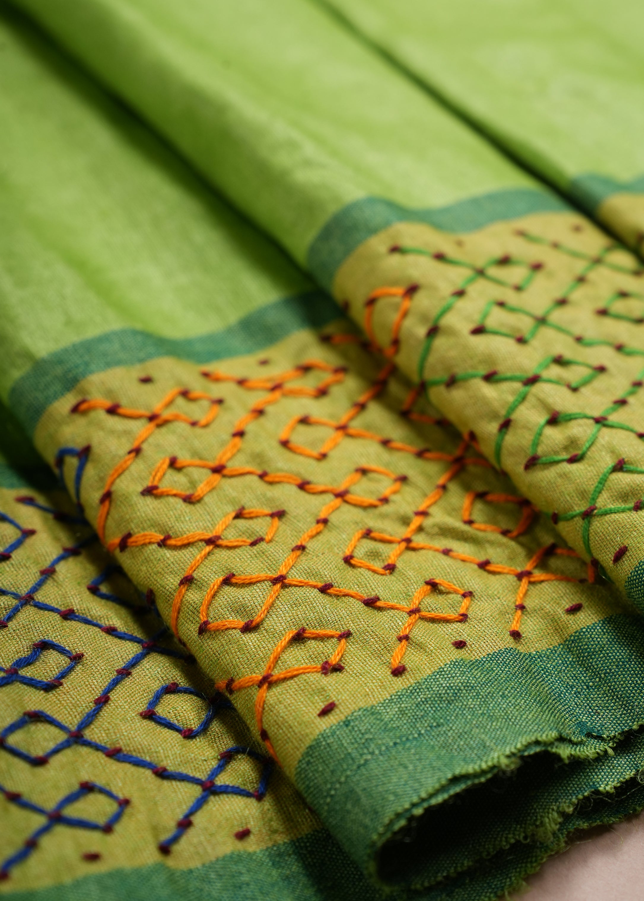 Tusser Silk Lambani Saree | Parrot Green Handcrafted Embroidered Saree