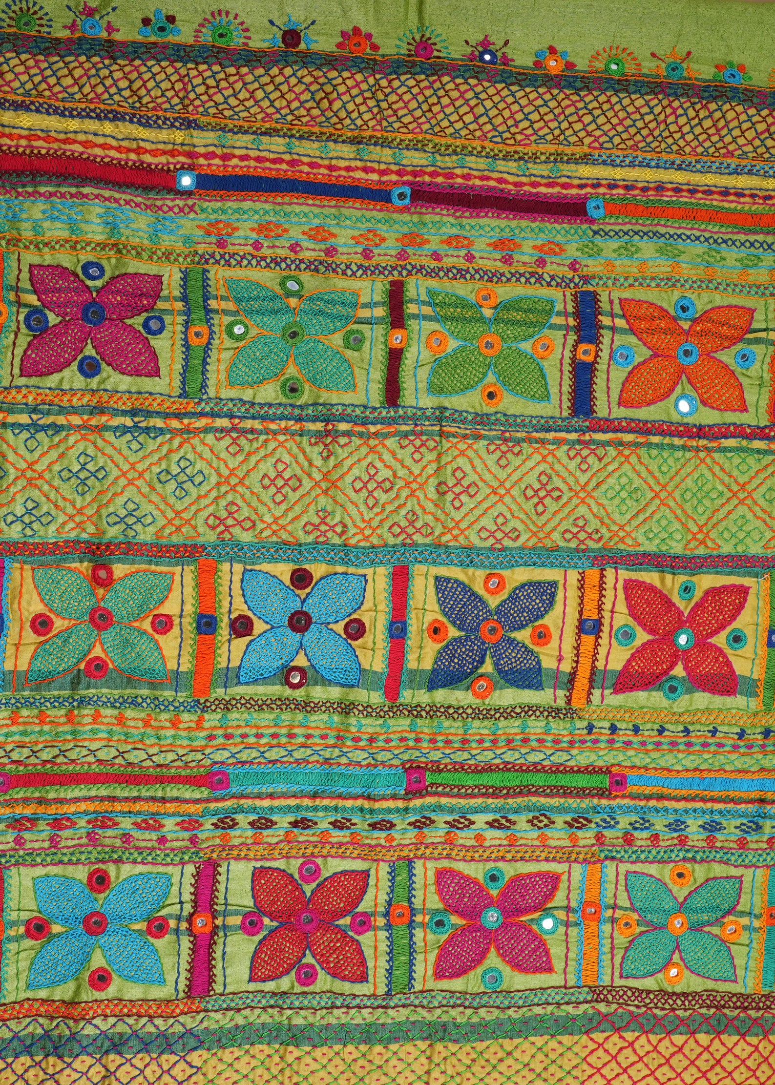 Tusser Silk Lambani Saree | Parrot Green Handcrafted Embroidered Saree