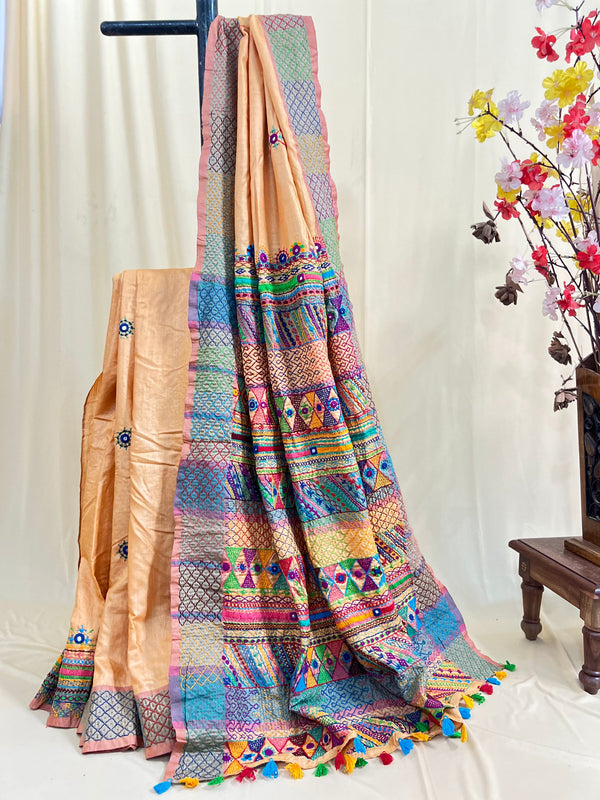 Tusser Silk Lambani Saree | Peach Beige Handcrafted Embroidered Saree