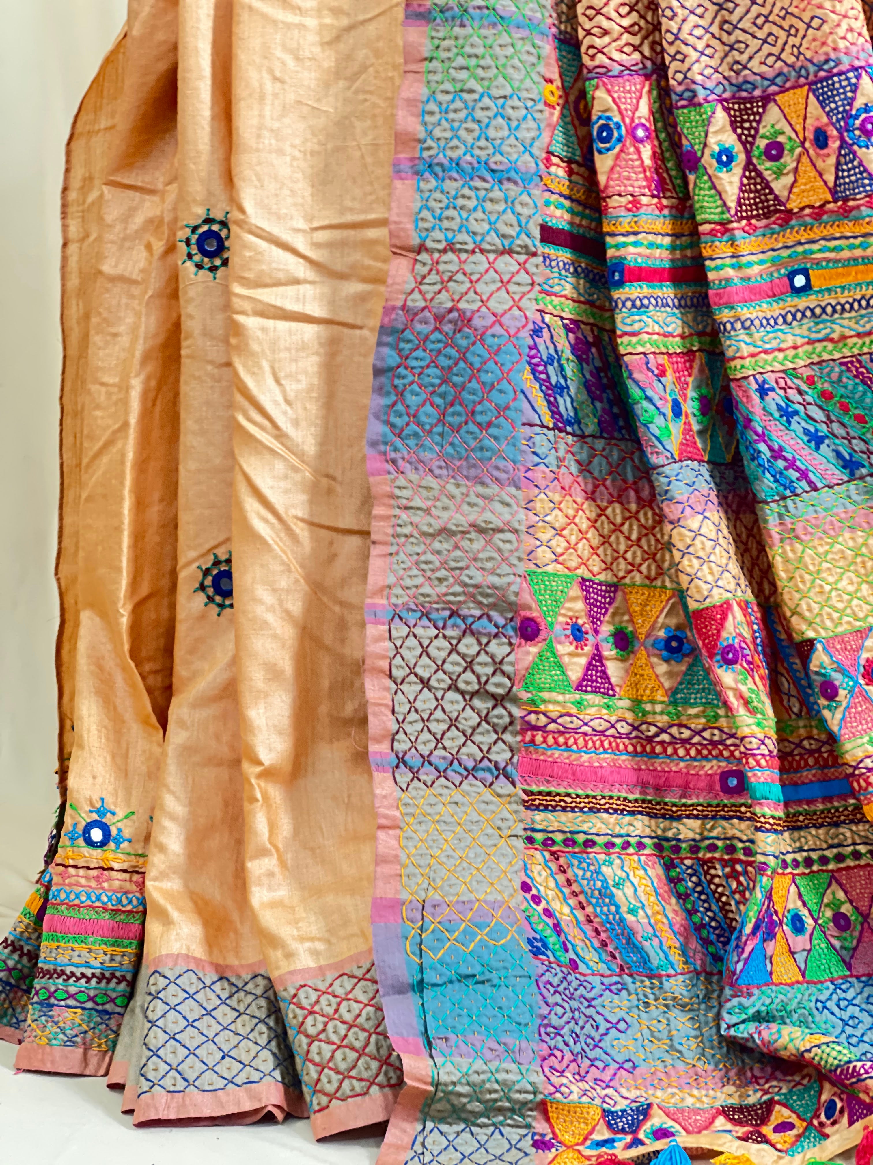 Tusser Silk Lambani Saree | Peach Beige Handcrafted Embroidered Saree