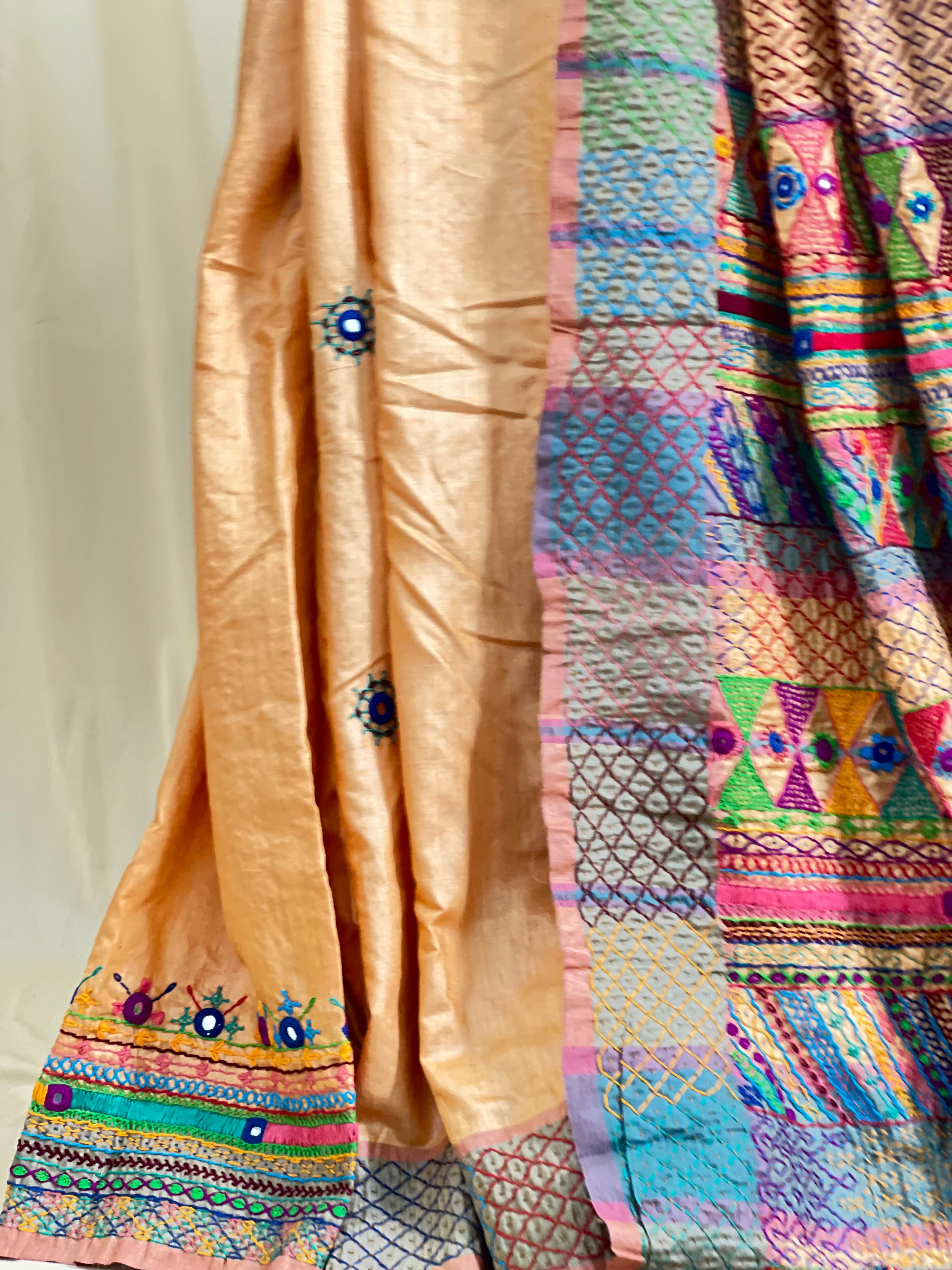 Tusser Silk Lambani Saree | Peach Beige Handcrafted Embroidered Saree