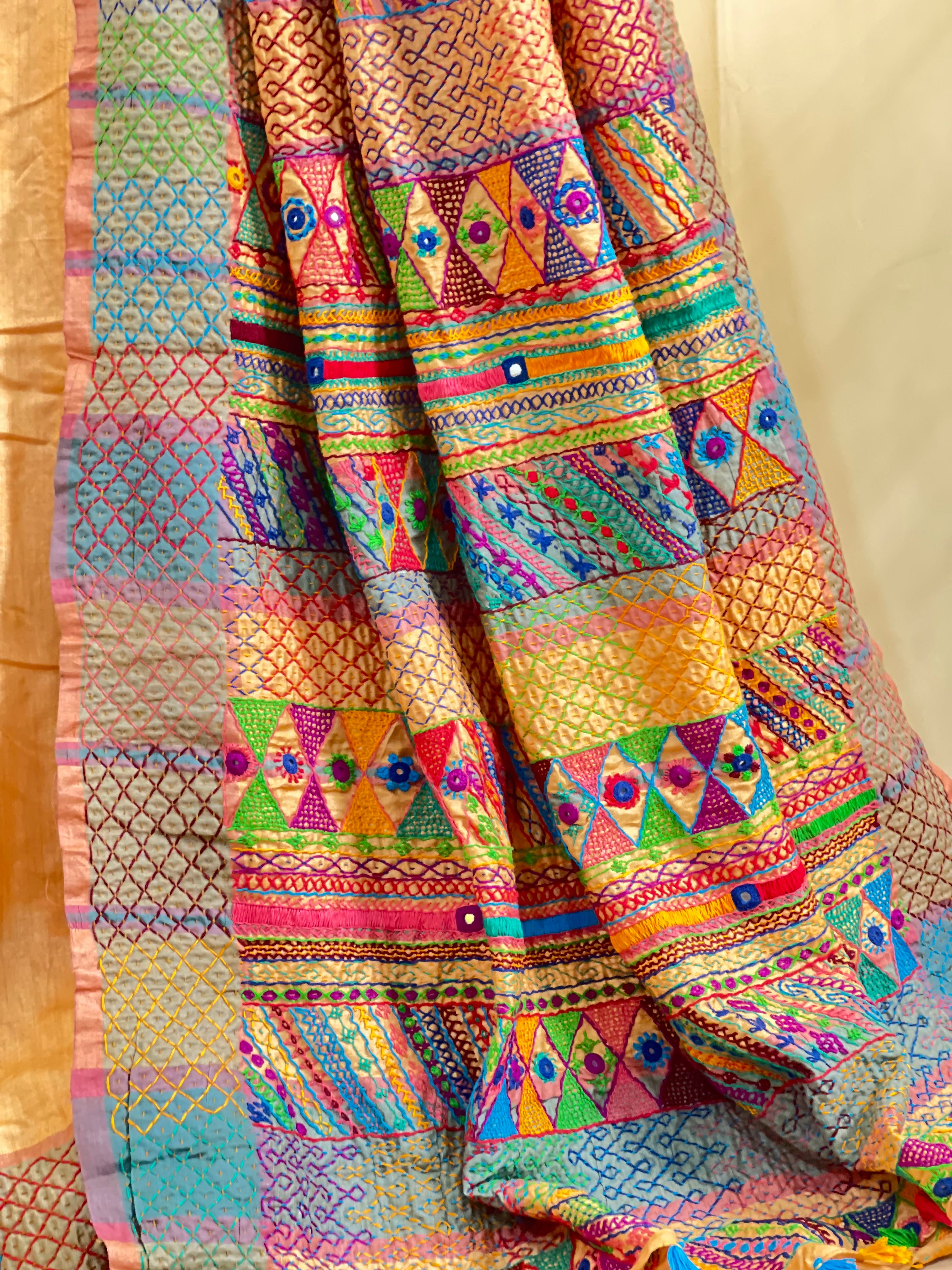Tusser Silk Lambani Saree | Peach Beige Handcrafted Embroidered Saree